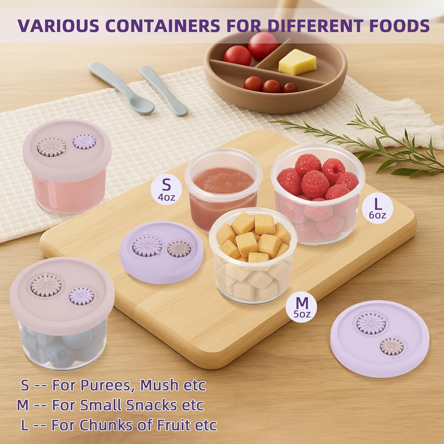 Silicone Baby Food Containers with Date-Tracking Lids, 6-Pack Reusable Snack Containers Food Storage Jars for Infants, Microwave, Dishwasher & Freezer Safe, 3 Sizes