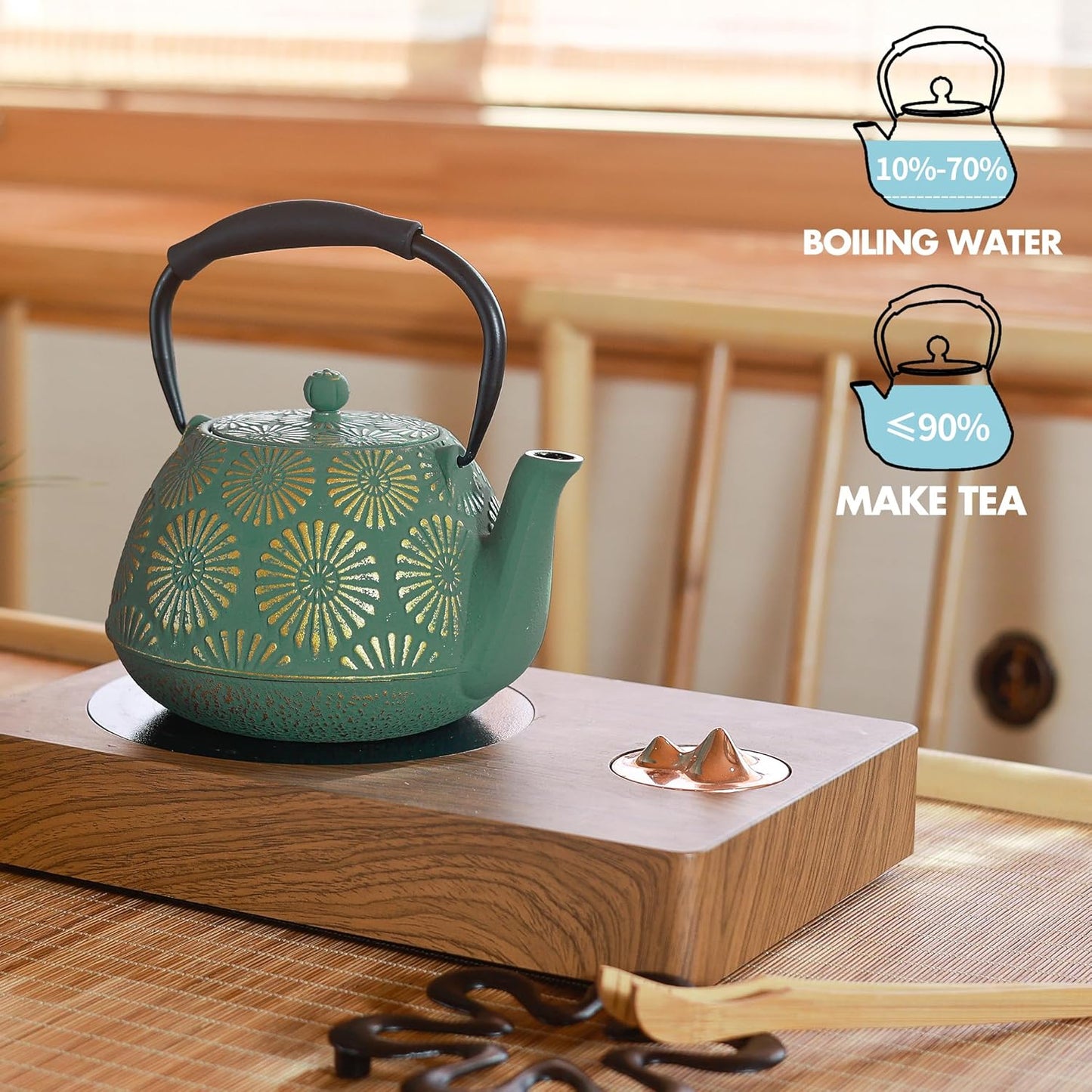 Cast Iron Teapot, 40oz Tea Kettle with Infuser for Stove Top, Sakura Design Japanese Tea Pot for Tea&Coffee Coated with Enameled Interior, Silicone Handle 1200ml Green