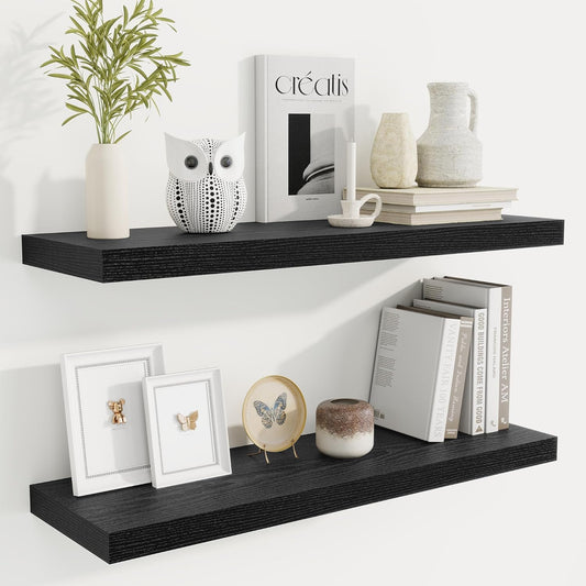 Fun Memories Floating Shelves for Wall, 32 Inch Rustic Wood Wall Mounted Shelves for Bathroom, Bedroom, Kitchen, Living Room, Deep Floating Shelves for Storage & Home Decor (Black, Set of 2)