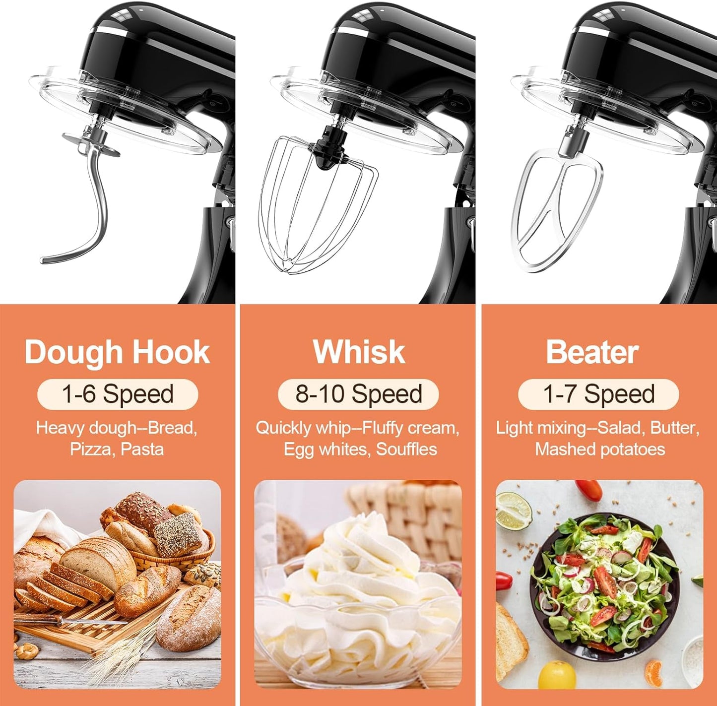 3-IN-1 Electric Stand Mixer, 6.5QT Bowl 660W 10-Speed Kitchen Mixer, Household Food Mixers include Dough Hook, Beater and Whisk, Bread Cake Mixer for Baking and Most Home Cooks, Black