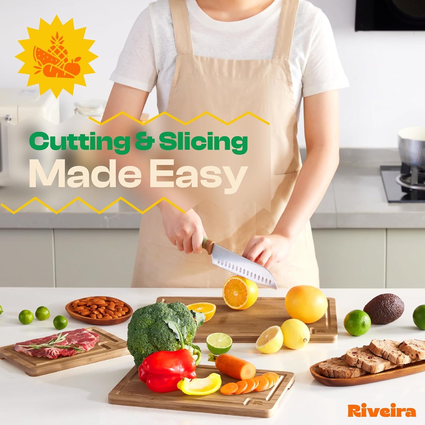 Riveira Brown Bamboo Wood Cutting Board – Gourmet Bamboo Grandeur: 15 x 10 Wooden Cutting Board – Wooden Cutting Boards For Kitchen Decorative – Innovative Juice Grooves Wooden Chopping Board