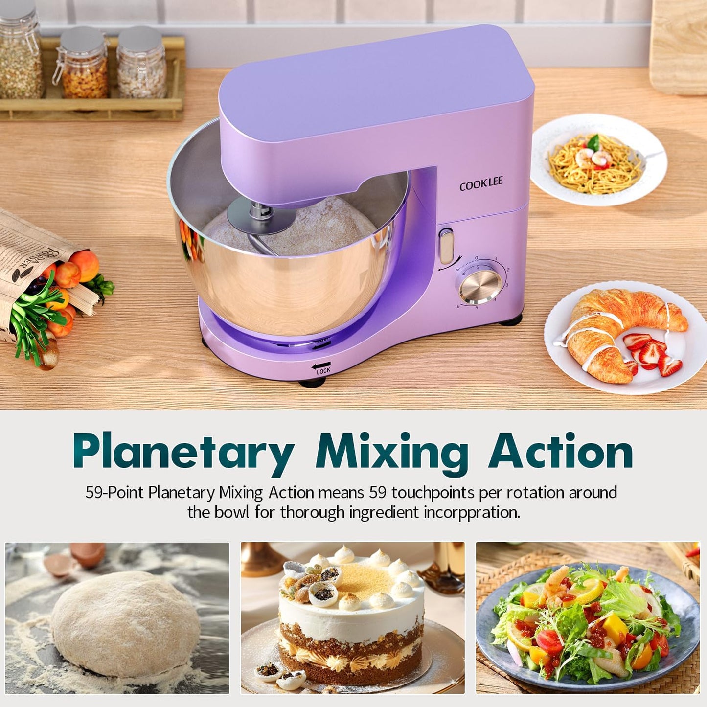 COOKLEE Stand Mixer, 9.5 Qt. 660W Electric Kitchen Mixer with Dishwasher-Safe Dough Hooks, Flat Beaters, Wire Whip & Pouring Shield Attachments for Most Home Cooks, Lavender