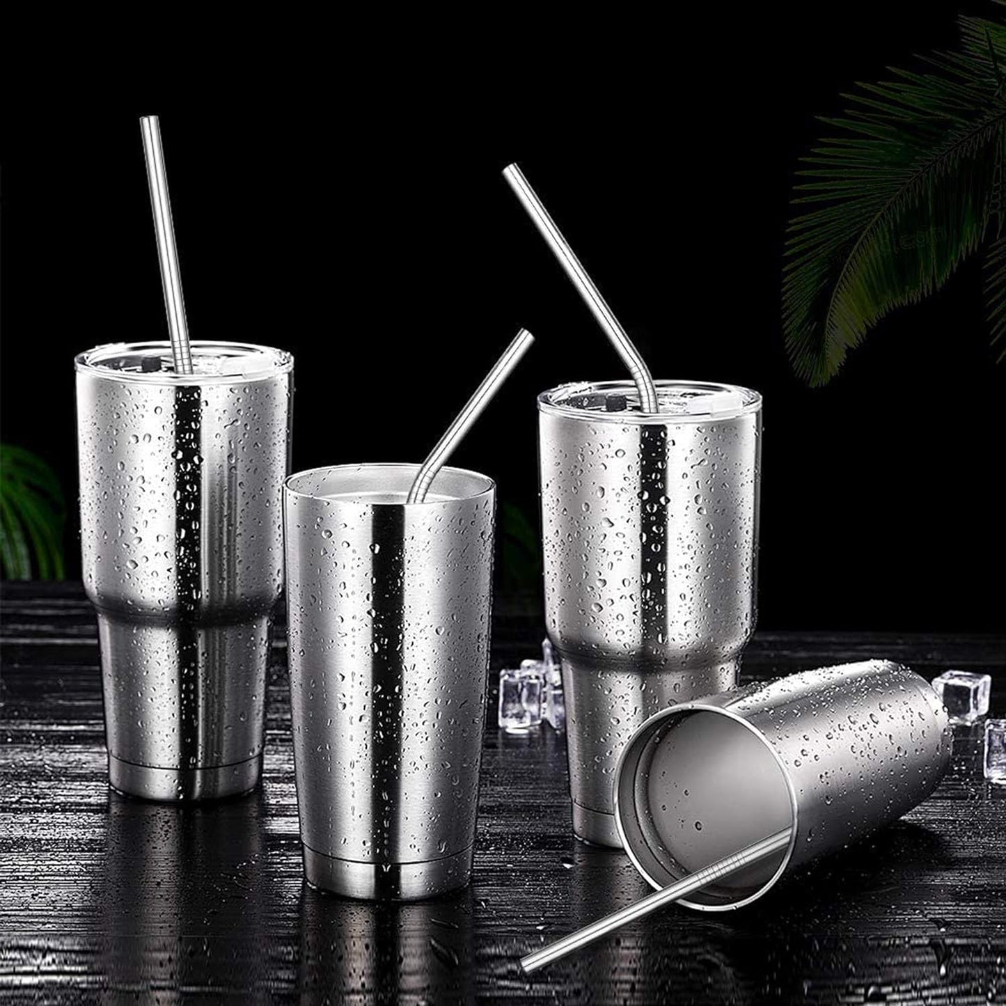 Set of 4 Reusable Metal Straws, Long Stainless Steel Straw with Cleaning Brushes and Case, Drinking for 30 oz and 20 oz Tumblers.