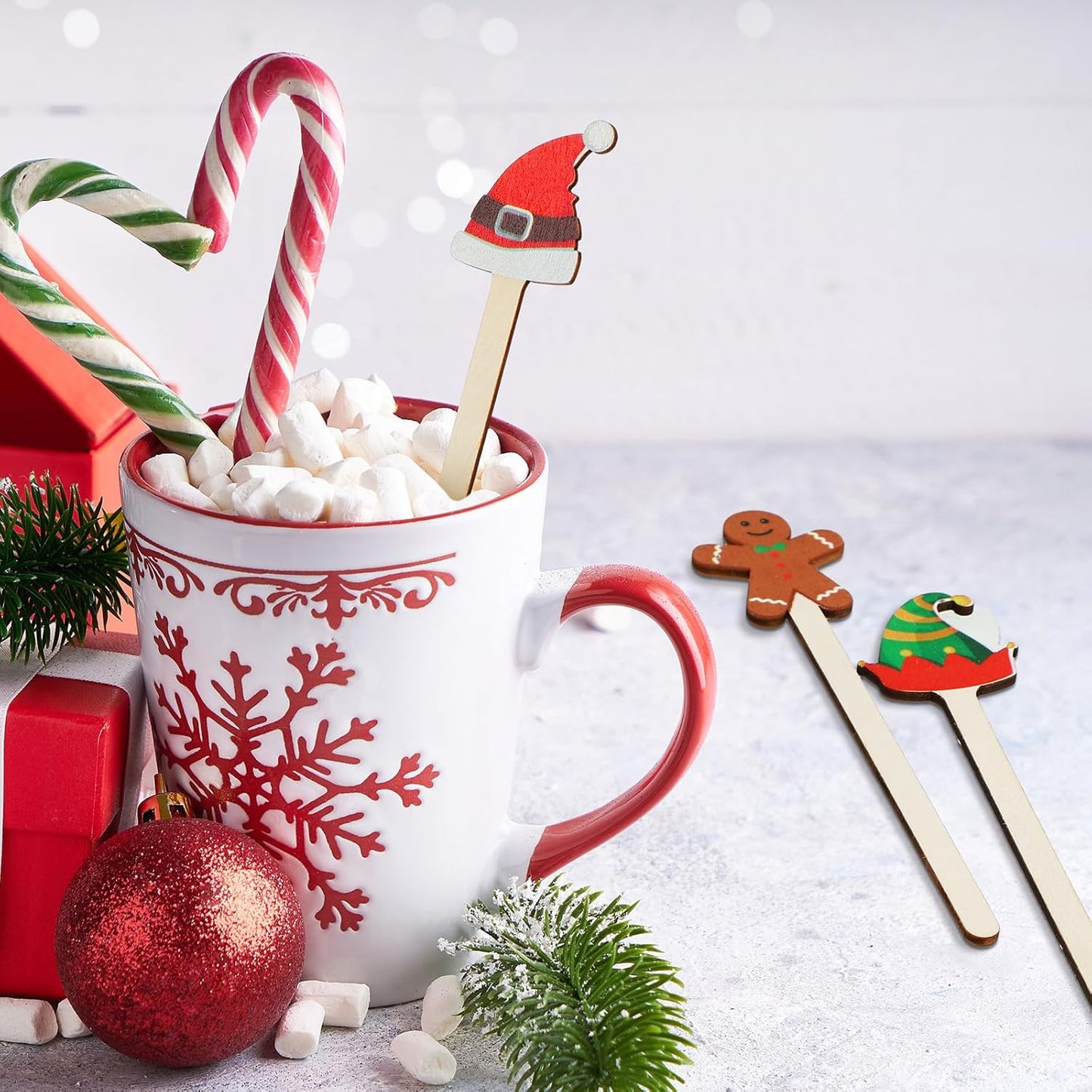 Jinei 120 Pcs Christmas Wooden Coffee Stirrers Wood Cocktail Coffee Stir Sticks Disposable Drink Stirrers for Stirring Hot Chocolate Milkshake Restaurant Home Office(Novel Style)