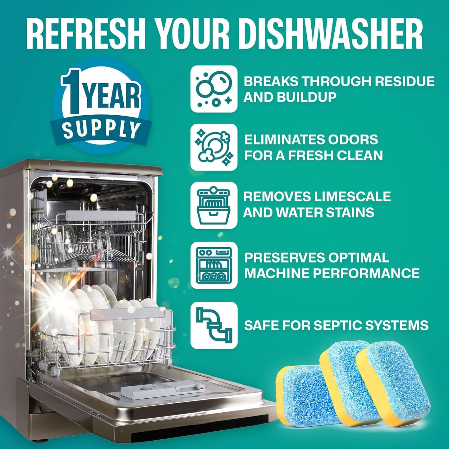 Sudstainables Dishwasher Cleaner and Deodorizer Tablets, 24 Pack – Dishwasher Cleaning Tablets for Odor and Buildup Removal, Descaler - 1-Year Supply