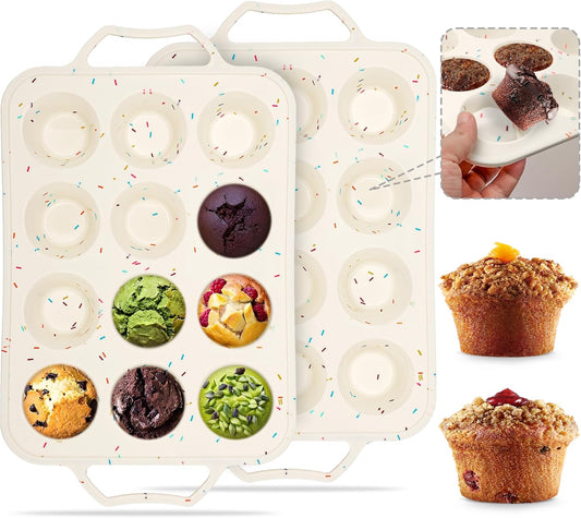 2 Pack Silicone Muffin Pans for Baking with Metal Reinforced Frame, 12 Cup Cupcake Baking Pans Nonstick for Oven, BPA Free Silicone Muffin Tin for Egg Bites Cake, Easy Pop Out & Dishwasher Safe