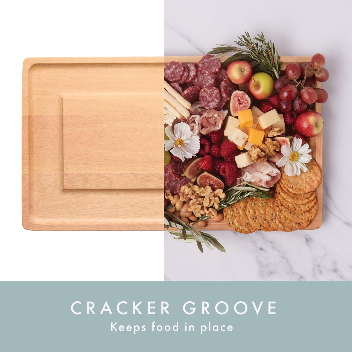 Charcuterie Board - Cheese Board with Grooves & Built-in Handles, Snack Tray for Vegetables, Fruits, Meat, Nuts - Decorative Wooden Serving Tray for Kitchen House Warming Gift