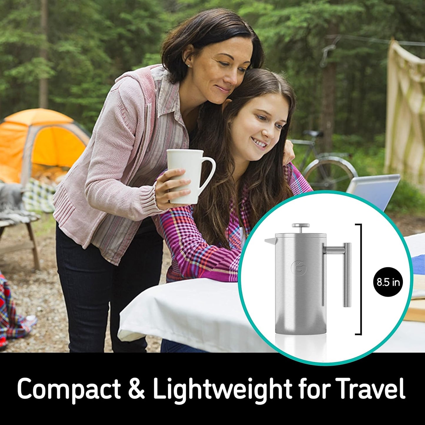 Coffee Gator French Press Coffee Maker 34oz, Double Insulated Stainless Steel Brewer plus Travel Jar Canister, Portable Hot Cold Brew for Coffee Bar Accessories Kitchen Camping, Silver