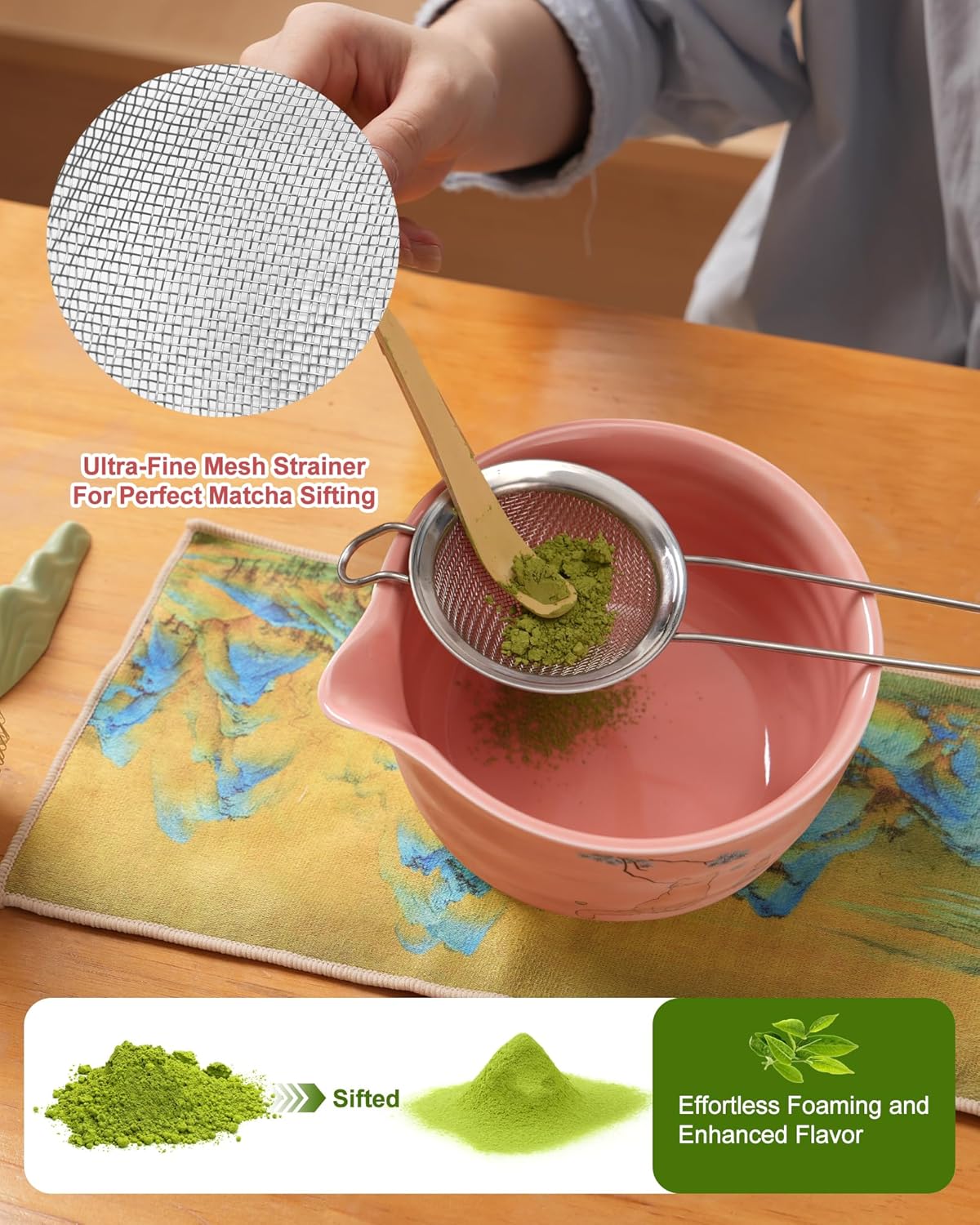 Matcha Set - Japanese Matcha Kit Set 7-Pcs: Ceramic Bowl (Chawan), Matcha Whisk and Holder, Bamboo Scoop, Scoop Rest, Sifter and Towel - Authentic Tea Ceremony Tools for Tea Lovers (Hot Pink)