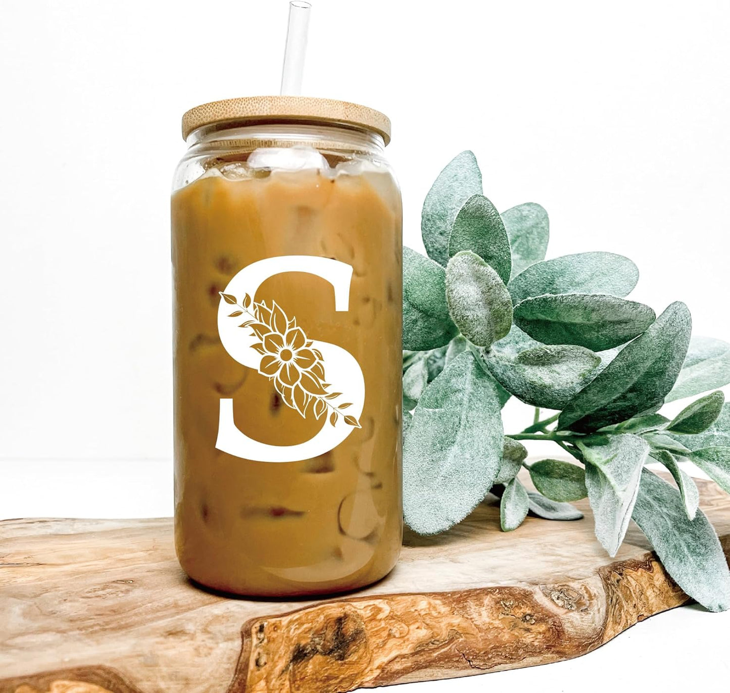 Personalized Gifts for Women, Monogrammed Glass Cups with Lids and Straws, Custom Tumbler, Cute Customized Mug, Aesthetic Stuff, Initial Iced Coffee Cup, Drinking Glasses, Birthday Teacher Gifts, G