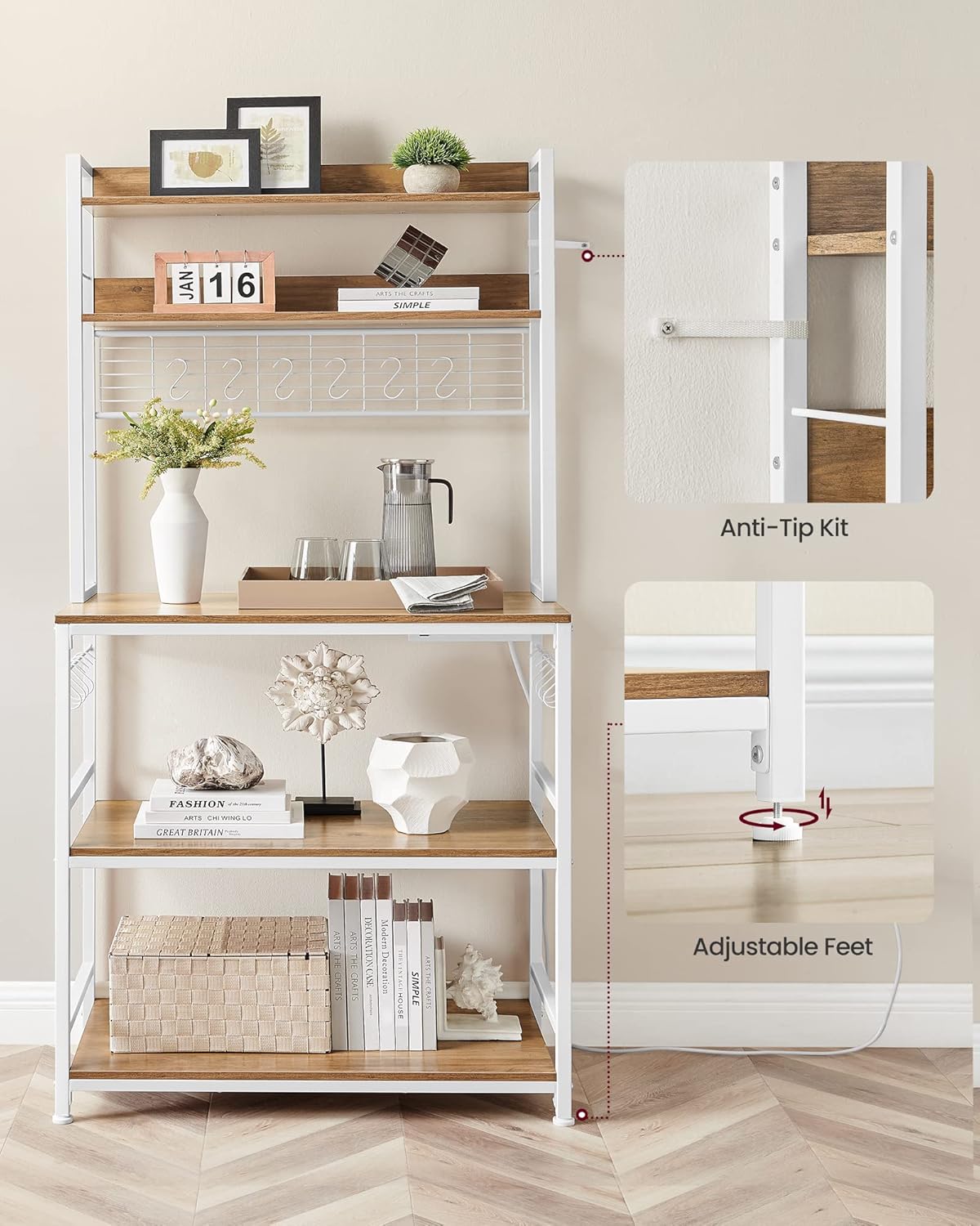 VASAGLE Hutch Bakers Rack with Power Outlet, 14 Hooks Microwave Stand, Adjustable Coffee Bar with Metal Wire Panel, Kitchen Storage Shelf, 15.7 x 31.5 x 66.9 Inches, Rustic Walnut and White UKKS025W41