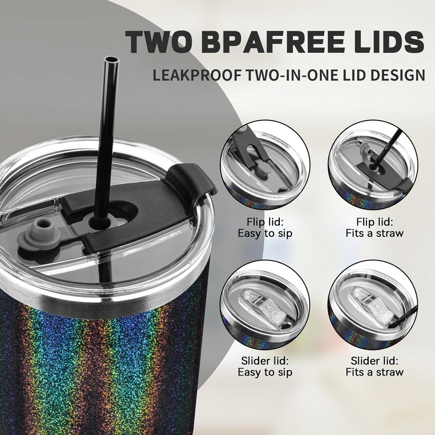 40 oz Tumbler with Lids and Straws, Stainless Steel Insulated Coffee Tumbler, Double Wall Vacuum Insulated Travel Mug Cup, Leakproof Thermal Coffee Cup for Hot and Cold Drinks (Glitter Black)