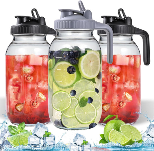 3 Packs 64OZ Glass Pitcher with Lid, Wide Mouth Mason Jar Water Jug, Leak-Proof Airtight Mason Jar for Cold Brew Coffee, Iced tea, Milk, Food Storage, Sun Tea