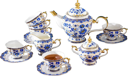 ACMLIFE Bone China Tea Set for 6, Blue and White Tea Set for Adults 24K Gold, Vintage Floral British English Cups and Saucers for Women Party or Gift Giving (Blue)