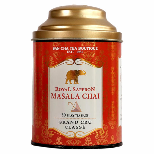 Sancha Tea Boutique Royal Saffron Chai | 30 Pyramid Bags | Masala Chai with Real Kashmiri Saffron & Premium Assam Tea | India’s Famous Spiced Tea