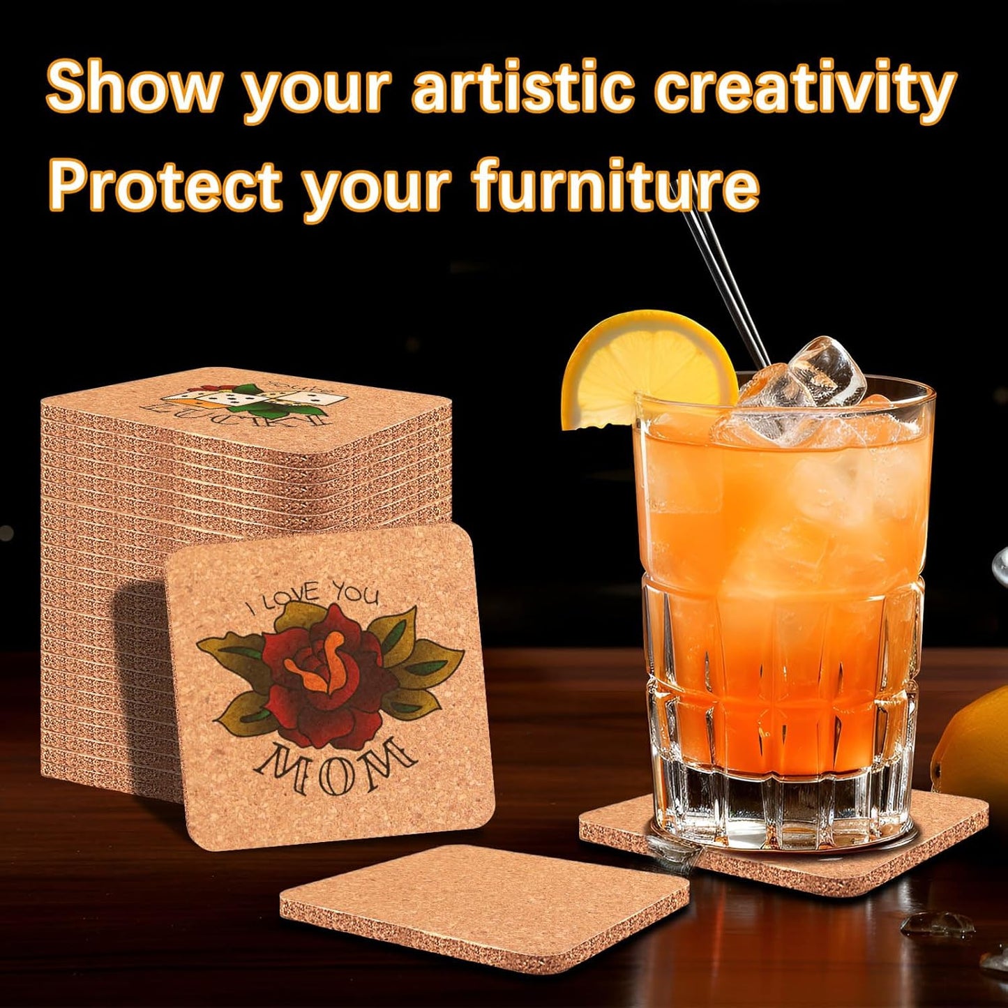 50 PCS Cork Coasters Bulk,Blank Square Cork Coasters DIY Crafts, Non-Slip Heat-Resistant Reusable Coffee Coaster, Suitable for Home Desktop Decoration