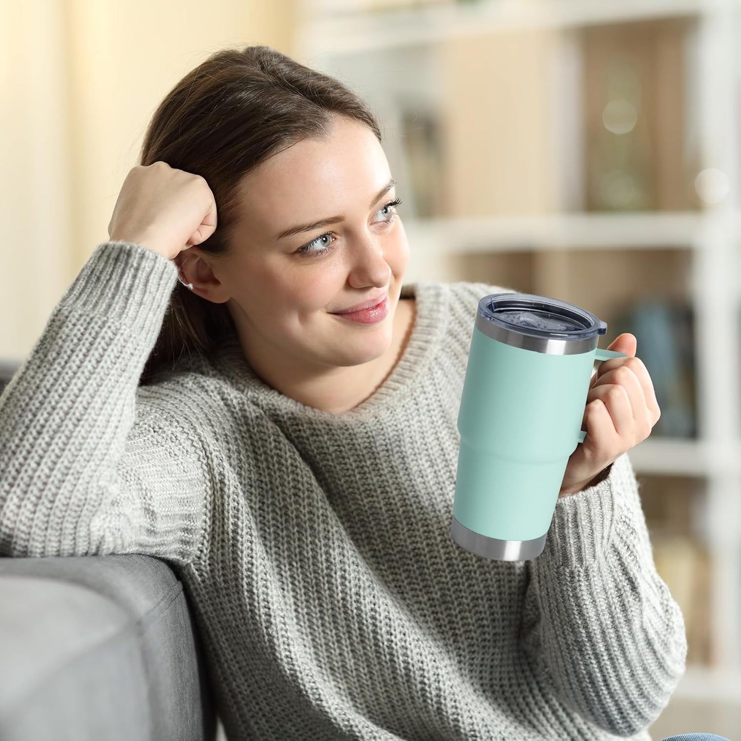 HASLE OUTFITTERS 20oz Tumbler with Lid, Stainless Steel Tumbler with Handle, Metal Insulated Travel Coffee Mug with Handle, Double Wall Vacuum Spill Proof Tumbler Cup, Mint Green 1 Pack