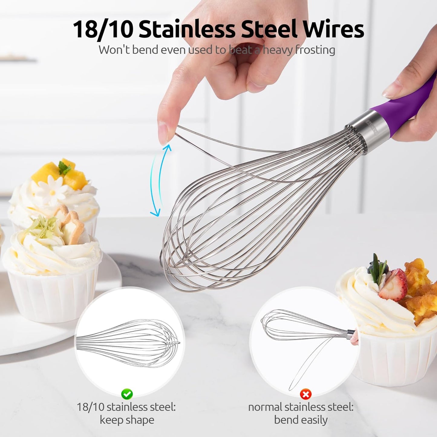 U-Taste Balloon Whisk for Cooking: 18/10 Stainless Steel Kitchen Wire Whisk, 12in Large Heavy Duty Egg Beater, Manual Mixing Tool with 12 High Flex Wires for Stirring, Blending Sauce (Purple)