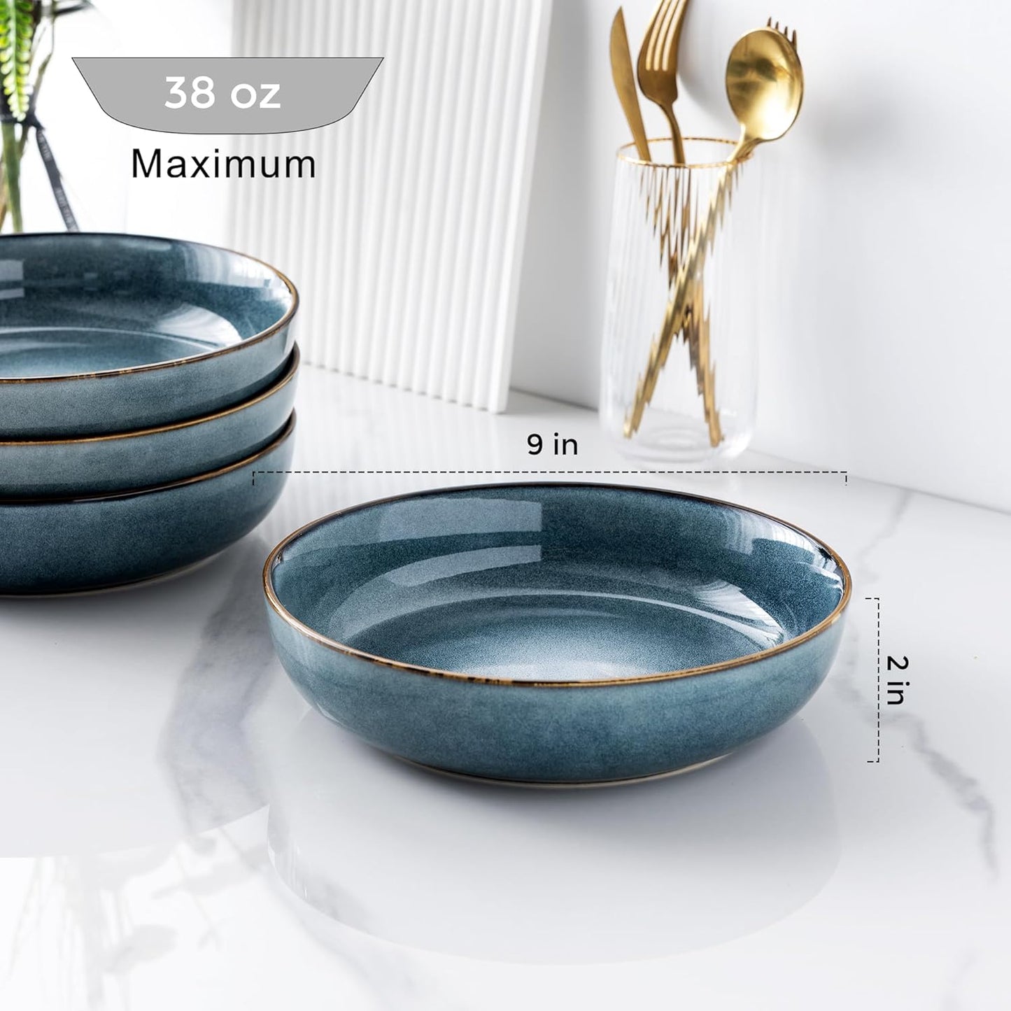 GBHOME 9'' Large Ceramic Pasta Bowls, 38oz Stoneware Pasta Serving Bowls Set of 4 for Kitchen, Wide Bowls for Fruit,Pasta,Salad,Oatmeal,Meal, Microwave Safe, Reactive Glaze-Space Blue
