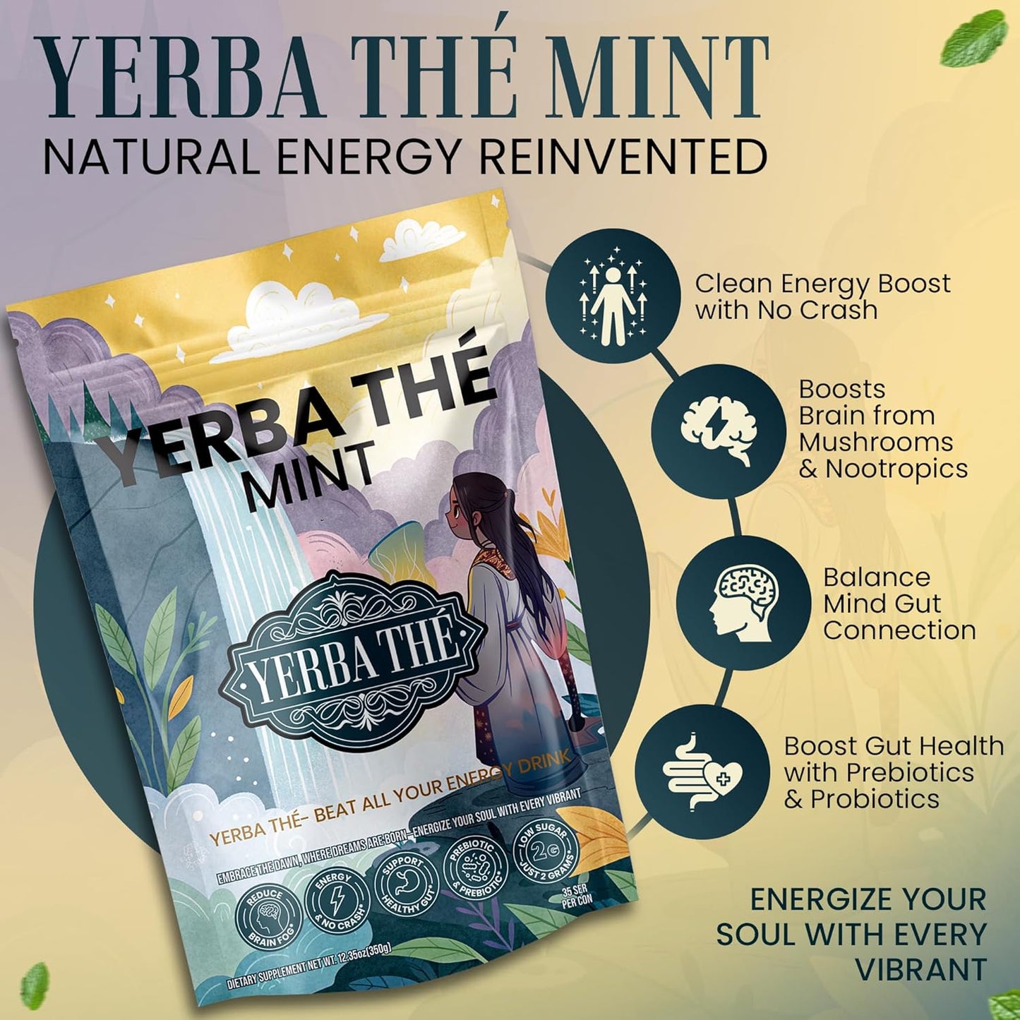 Ancient Diosa - Yerba Mate Tea Powder 350g, 35-Servings - Mint Flavor Clean Energy Drink Superfood - Support Gut Health with Probiotics and Prebiotics, Reduce Brain Fog, Relaxation and Focus Blend