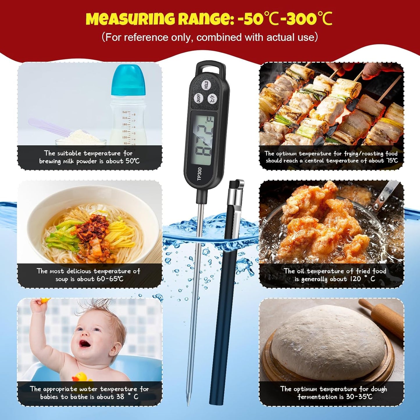 6 Pcs Meat Food Thermometer Food with Probe Water Liquid Instant Read Digital Thermometer Kitchen Cooking Supplies for Cooking BBQ Milk Yogurt (Black,White,Red)