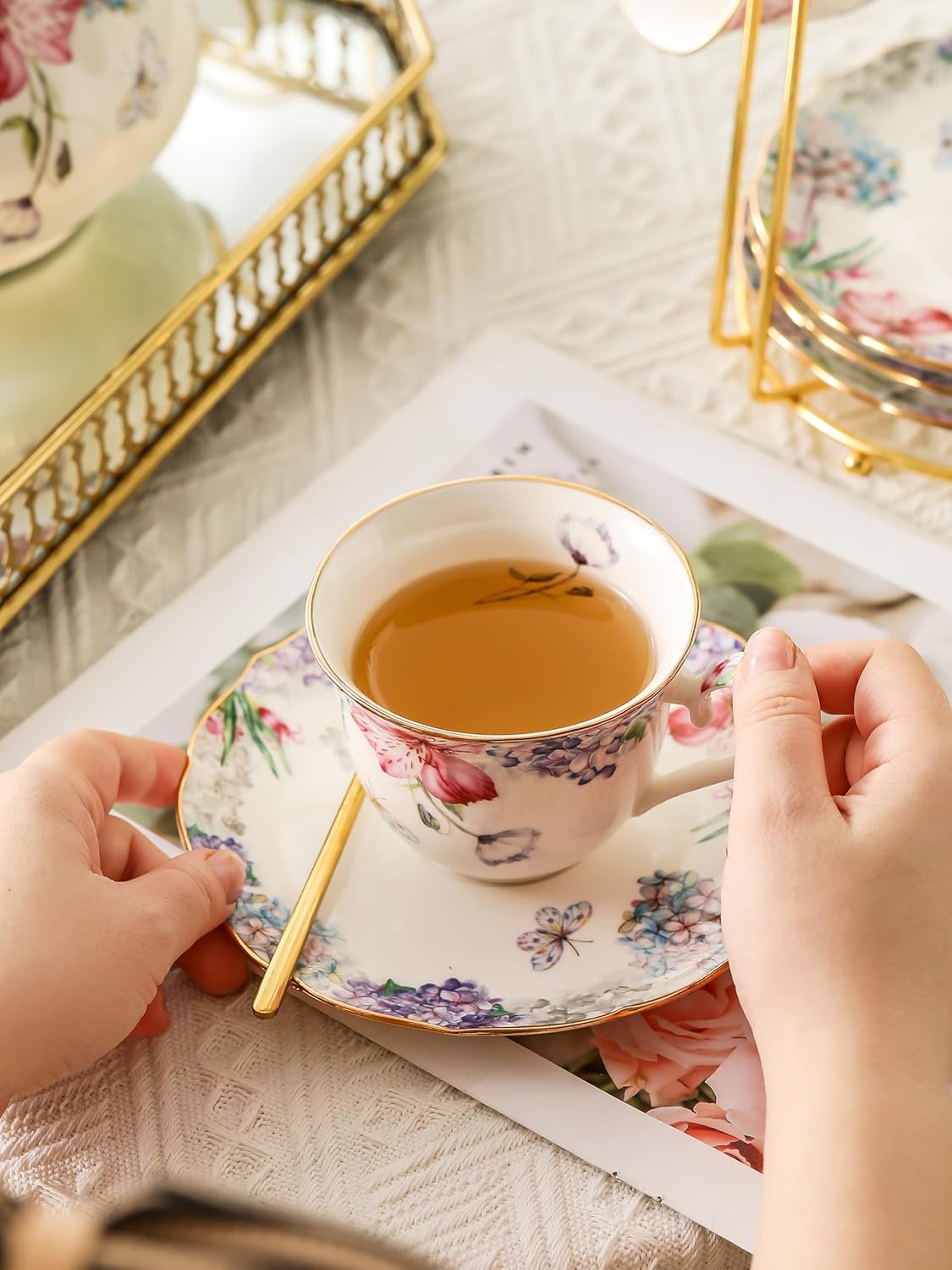 Bone China Tea Set, Vintage Floral Coffee Cups and Tea Sets, Porcelain Tea Set for Women Tea Party British, Christmas Gifts(Purple)
