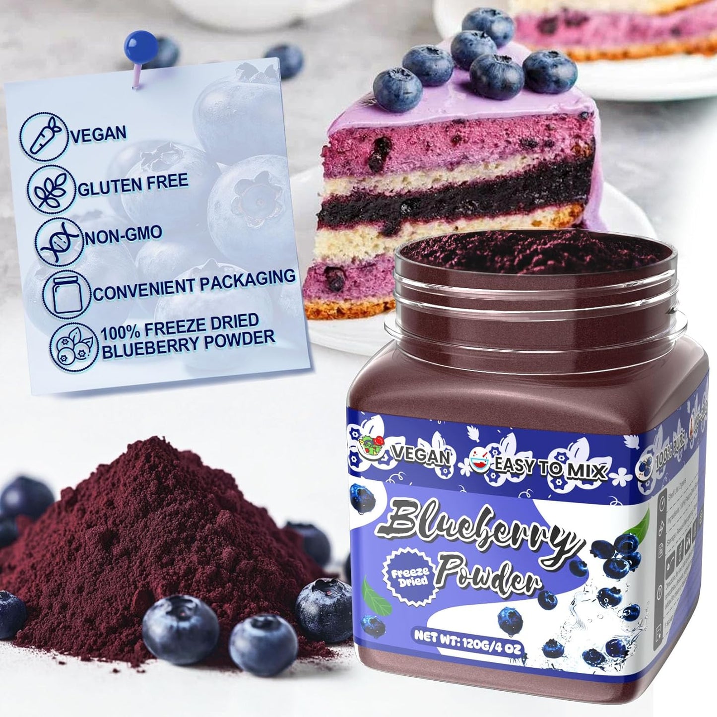 Blueberry Powder - 100% Freeze Dried Blueberries Fruit Powder, No Additives Blueberries Extract for Baking and Flavoring, Rich in Nutrients, Non-GMO, Great for Drinks, Smoothies, Beverages - 4oz