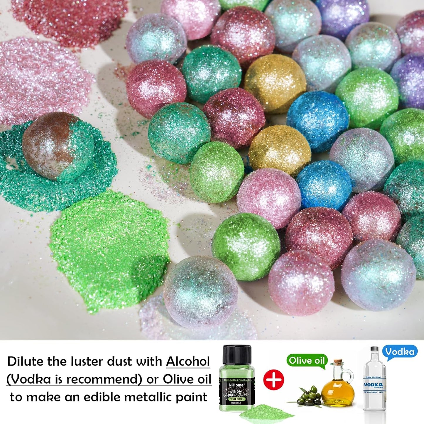NiHome Edible Food-Grade Glimmer Powder Glitter Luster Dust Metallic Food Decorating Sprinkle Glimmery Dust for Drink Wine Beverage Cake Candy Dessert Bakery Restaurant Vegan (0.18oz/5g, Fruit Green)