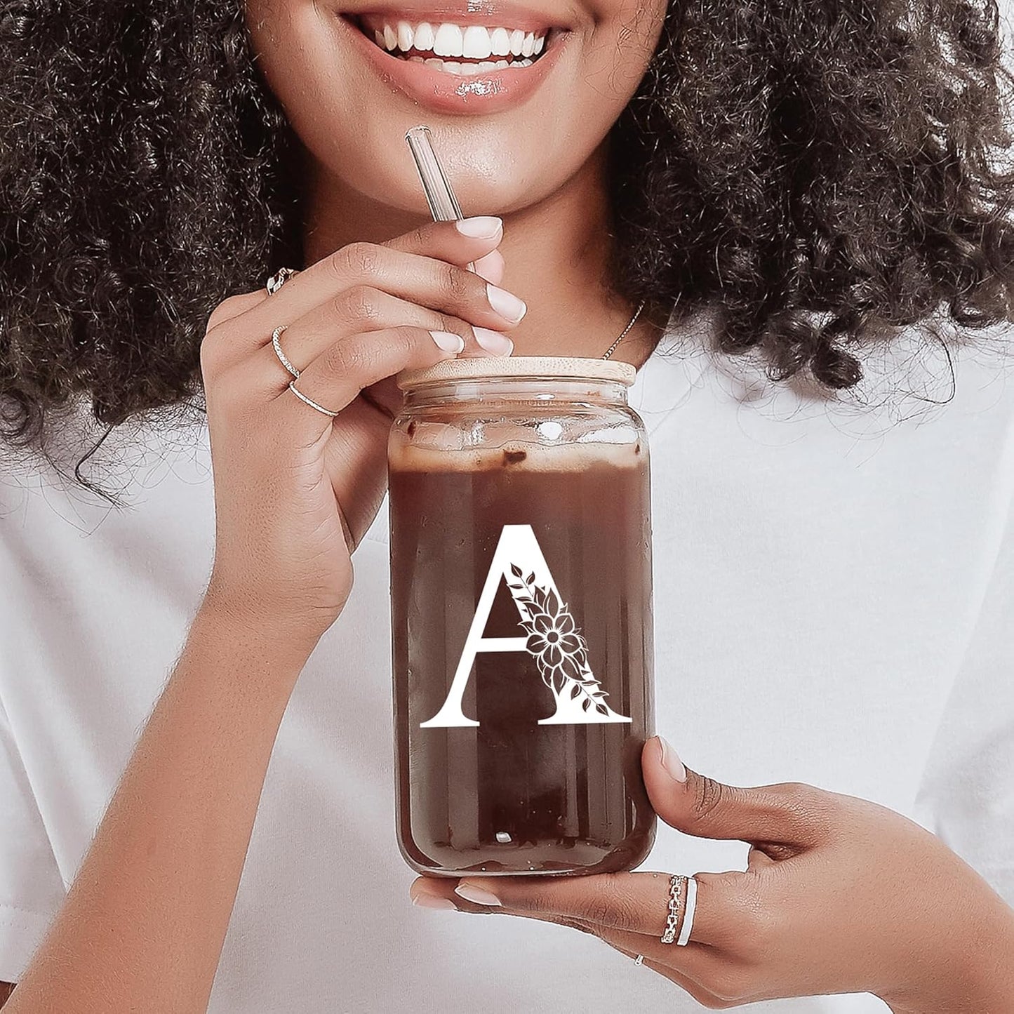 Personalized Gifts for Women, Monogrammed Glass Cups with Lids and Straws, Custom Tumbler, Cute Customized Mug, Aesthetic Stuff, Initial Iced Coffee Cup, Drinking Glasses, Birthday Teacher Gifts, S