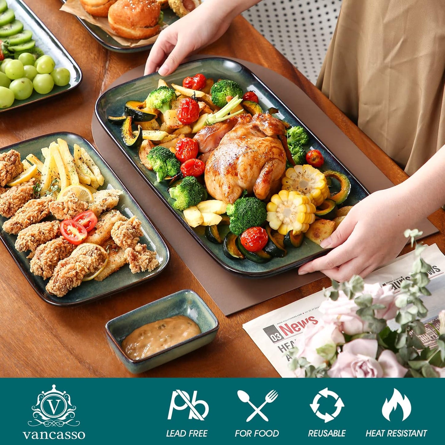 vancasso Stern Serving Platters Set of 3, 15/13/ 11 Inches Rectangular Serving Plates, Green Serving Trays for Entertaining, Party