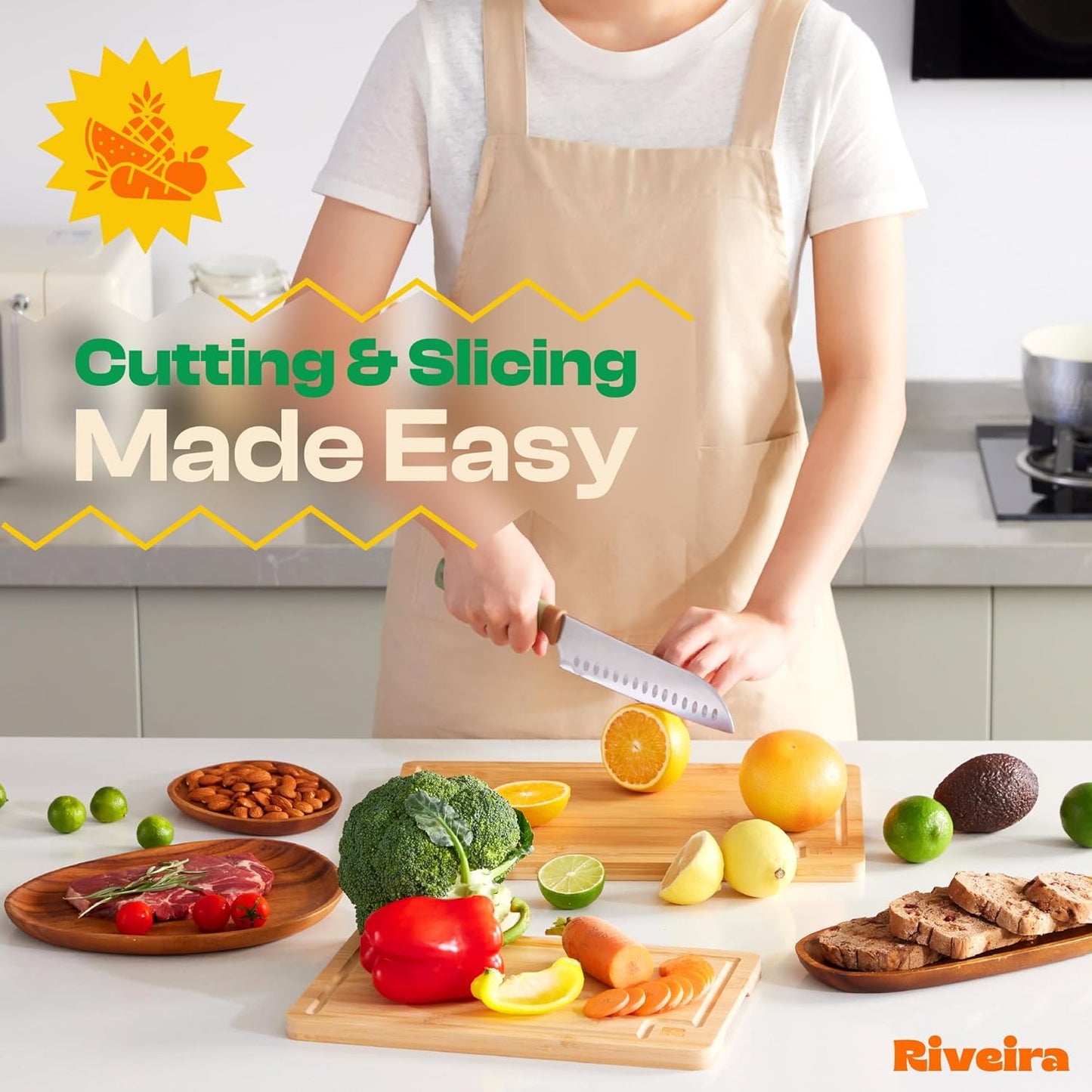 Riveira White Bamboo Wood Cutting Board – Versatile And Durable: Set Of 2 Pcs Rectangular Wooden Cutting Board – Natural Wooden Cutting Boards For Kitchen – Complete White Bamboo Wooden Chopping Board