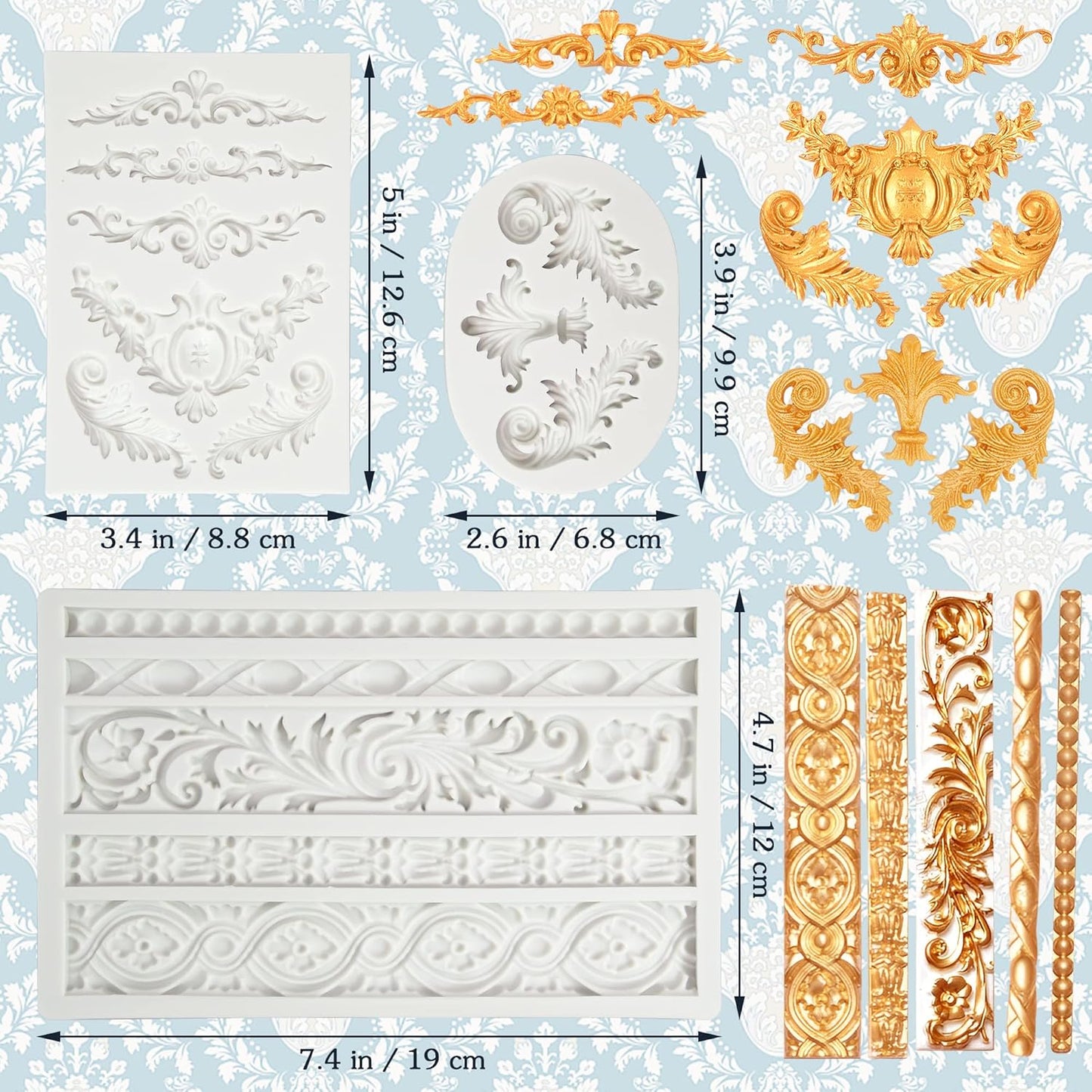 3 Packs Baroque Silicone Molds Scroll Silicone Baroque Mold Clay Molds Fondant Molds Border Fondant Mold Wedding Birthday Cake Decoration