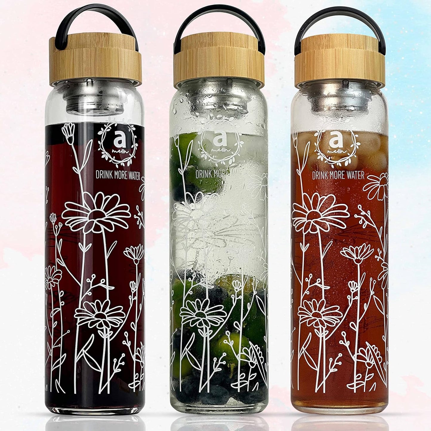 32oz Borosilicate Glass Water Bottle with Bamboo Lid and 2 Tea Infuser Sets for Fruit Infused Water and Cold Brew Coffee - Tea Strainer for Loose Leaf Tea (Flower)