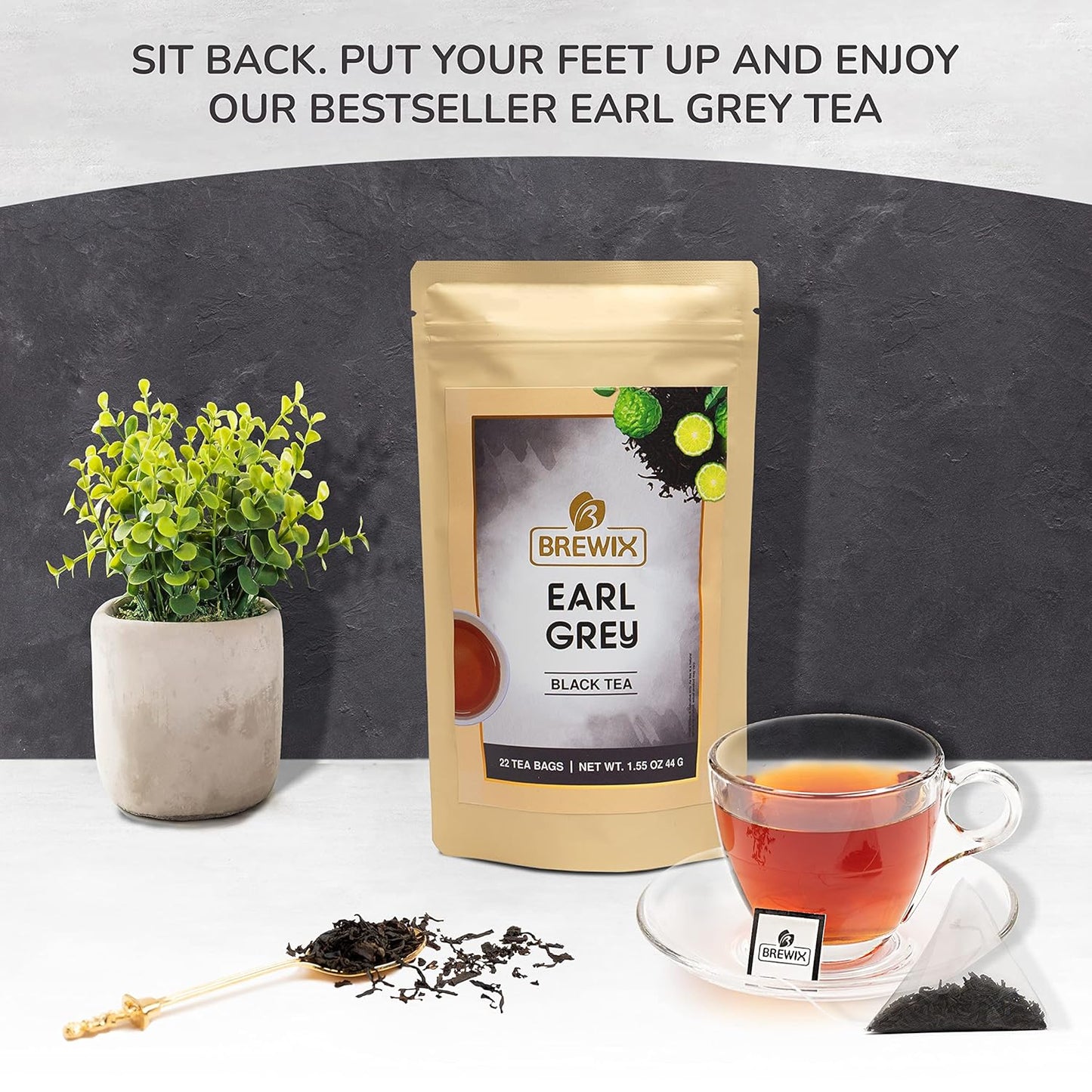 BREWIX, Earl Grey Tea Bags (22 Pyramid Tea Bags) Long Leaf Indian Black Tea with Bergamot, Packed in Resealable Ziplock Pouch | Black Tea with Bergamot