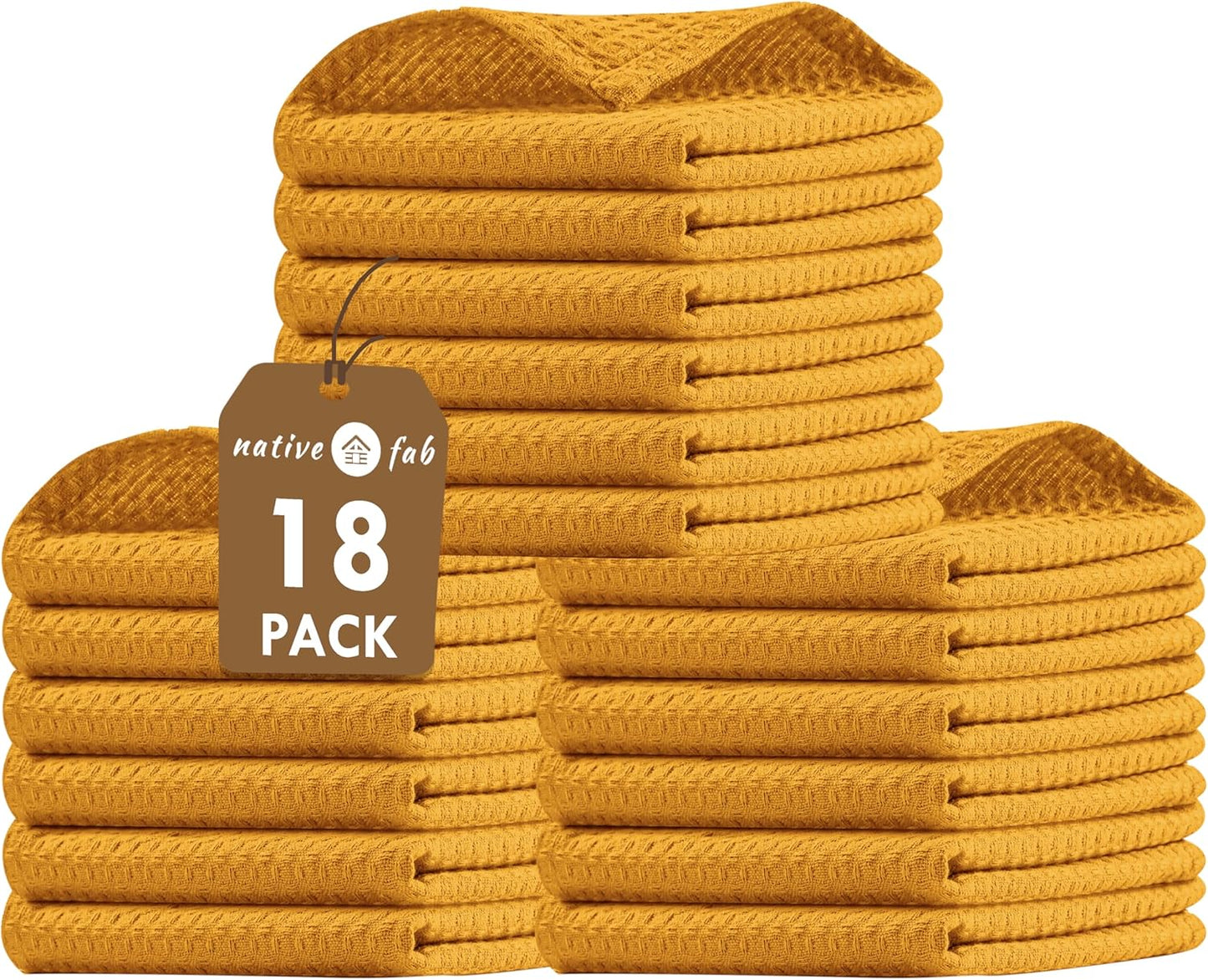Native Fab 18 Pack Waffle Dish Cloths - 100% Cotton, Absorbent, Quick Drying, Washable Towels for Cleaning, Cooking, Baking - Great for Home, Restaurants, Bars & Cafes - 12 x 12 inch, Mustard Yellow