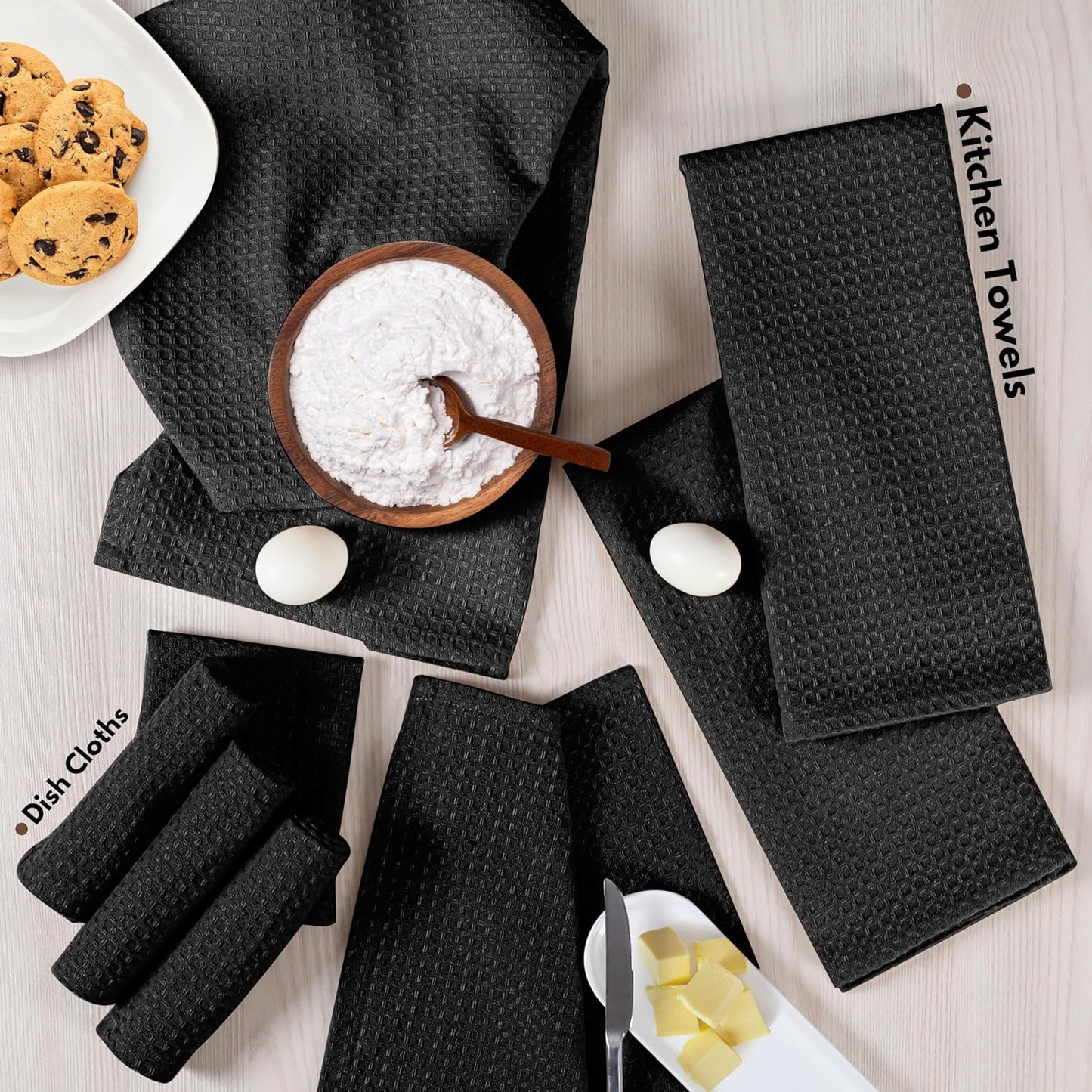 Native Fab Cotton Kitchen Towel & Dishcloths Set - 8 Pieces, Ultra Absorbent, Washable, Quick Drying, Durable Towels for Cooking, Cleaning, Baking - Ideal for Home, Restaurants, Cafes - Black