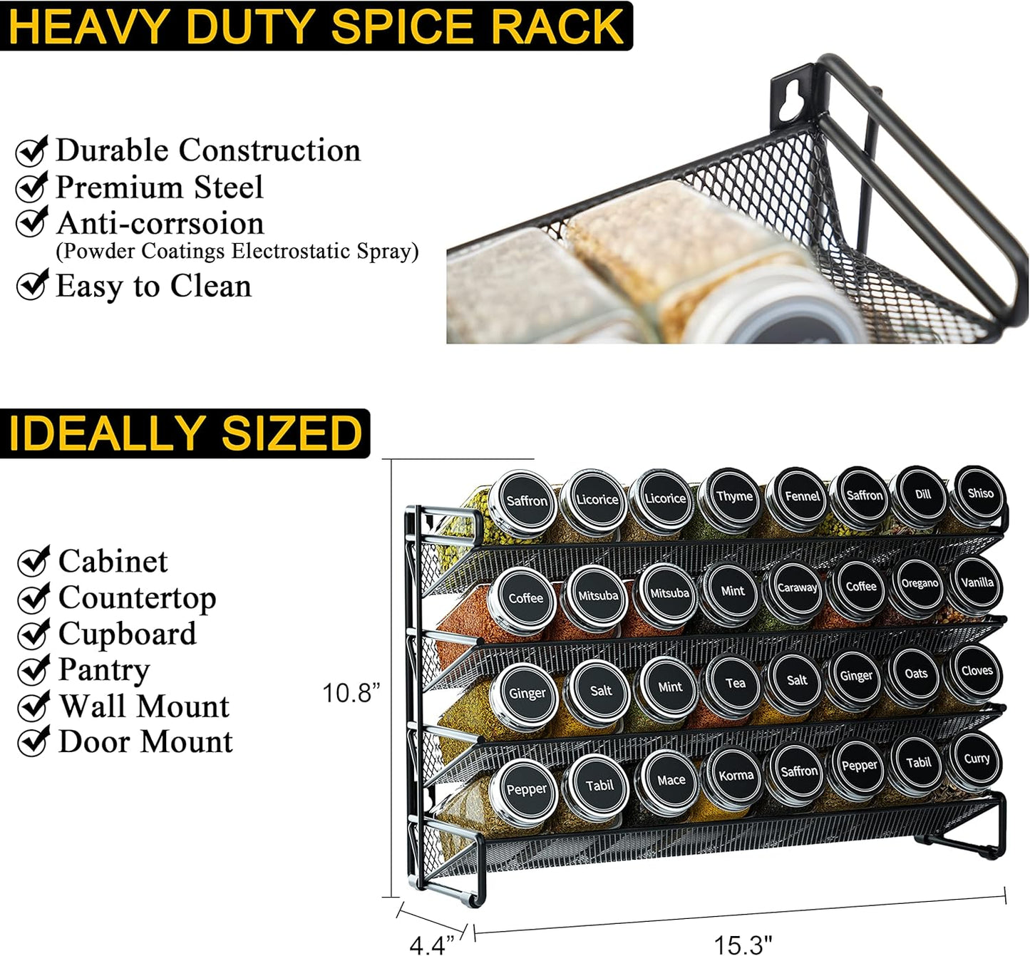 SpaceAid Spice Rack Organizer with 32 Spice Jars, 386 Spice Labels, Chalk Marker and Funnel Set for Cabinet, Countertop, Pantry, Cupboard or Door & Wall Mount - 32 Jars, 15.3" W × 10.8" H, Black