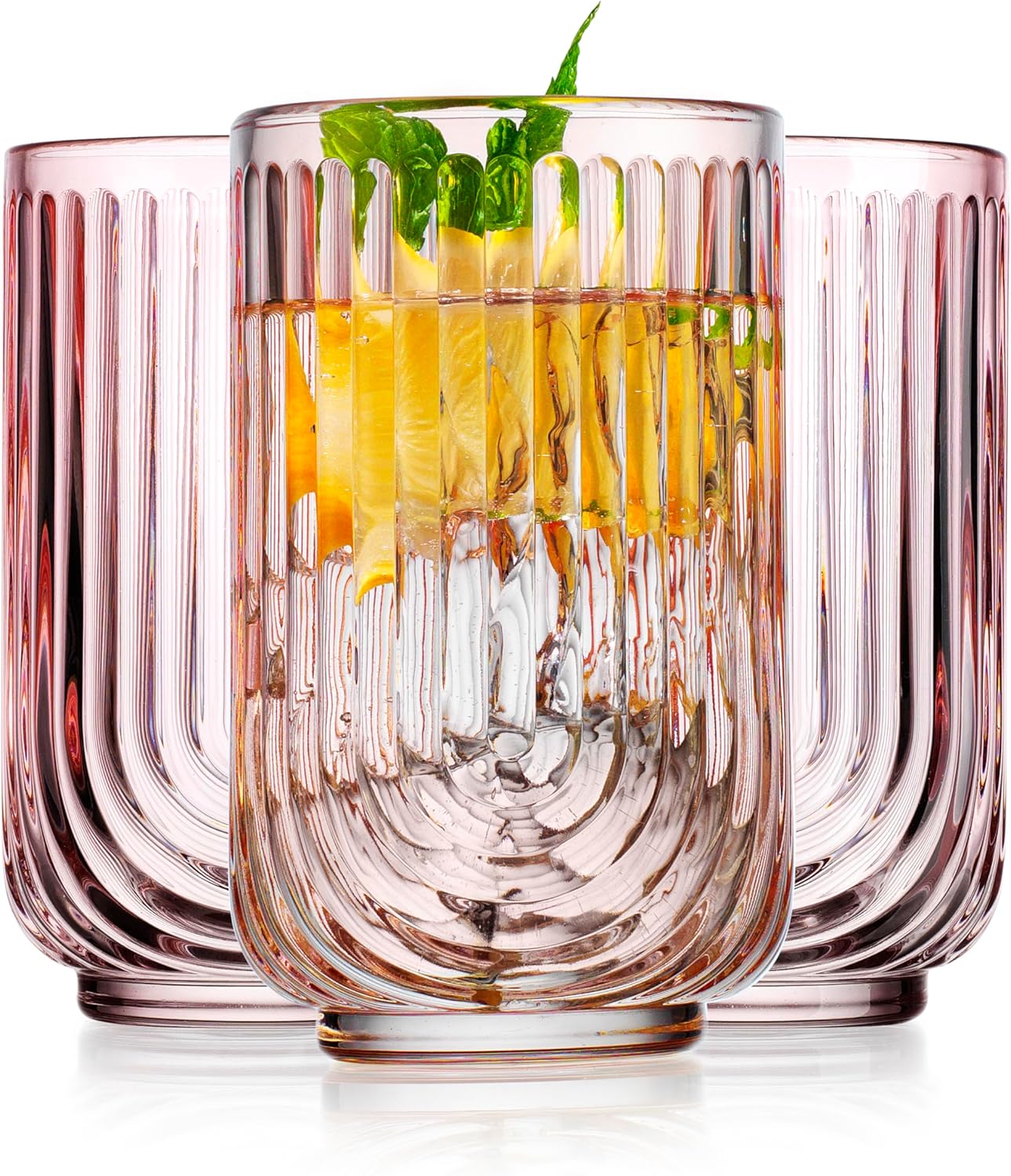 Glaver's Vintage Glassware Art Deco Highball Glasses Set of 4 Blush Ribbed Drinking Glasses 17 Oz U-Shape Arch Design Colored Cocktail Kitchen Tumblers Everyday Dinner Decorative Party, Pink