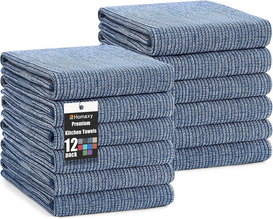 Homaxy Premium Kitchen Towels(18”x 28”, 12 Pack), Large Cotton Kitchen Hand Towels, Flat and Terry Dish Towels, 380 GSM Highly Absorbent Tea Towel Set with Hanging Loop, Navy Blue