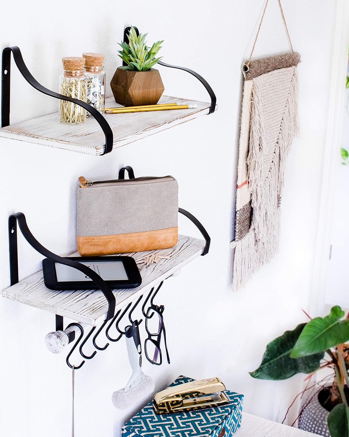 Wall Mounted Floating Spice Shelves with Towel Bar and Removable Hooks, Solid Wood, Rustic Shelving Storage, for Kitchens, Bathrooms and More, Farmhouse Wall Décor, 16.75” Long x 7.5” (White Washed)