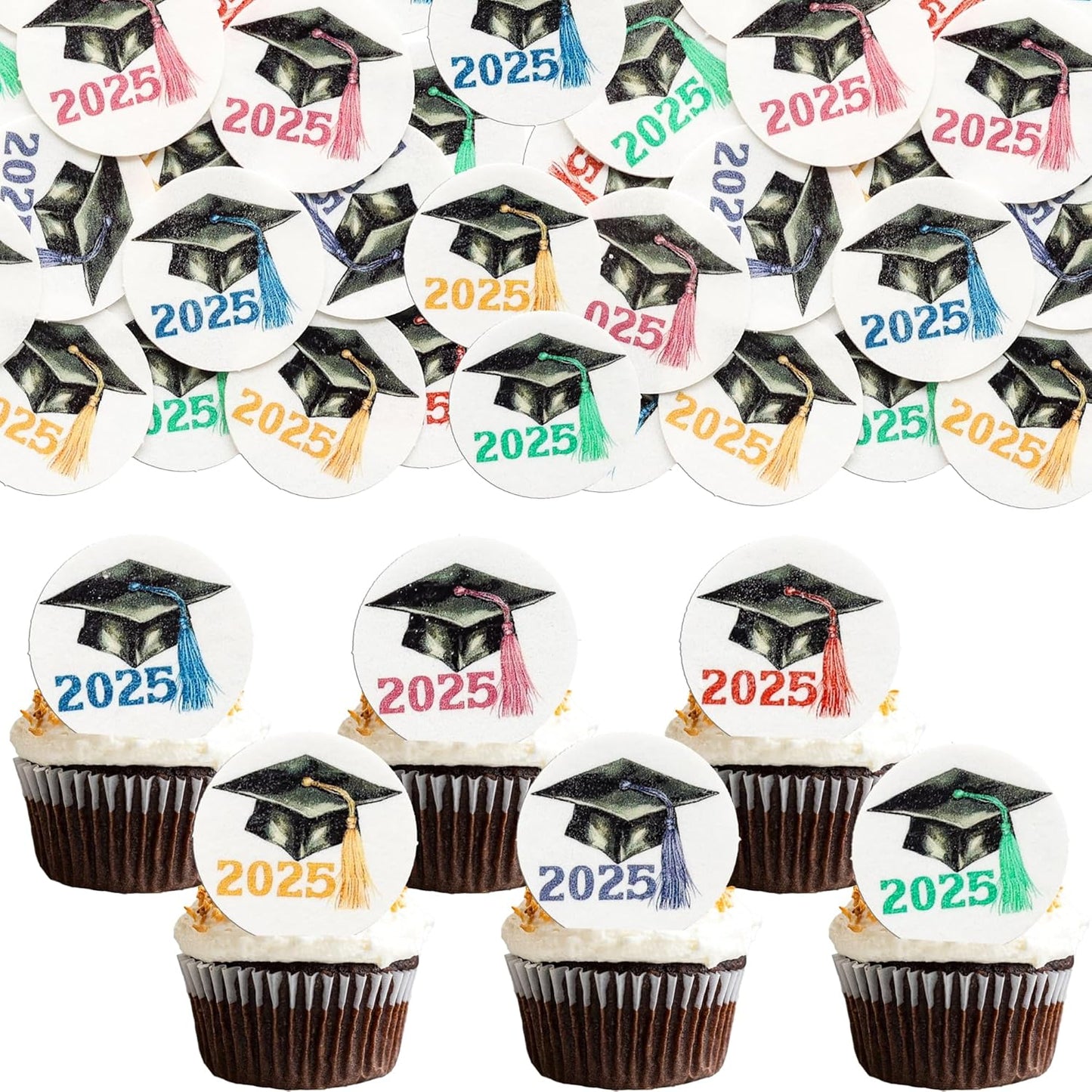 Gyufise 48Pcs Edible 2025 Graduation Theme Cupcake Toppers Wafer Paper Graduate Hat Grad Cap Cupcake Picks 2025 Students Graduation Theme Party Cake Decorations Supplies Multi