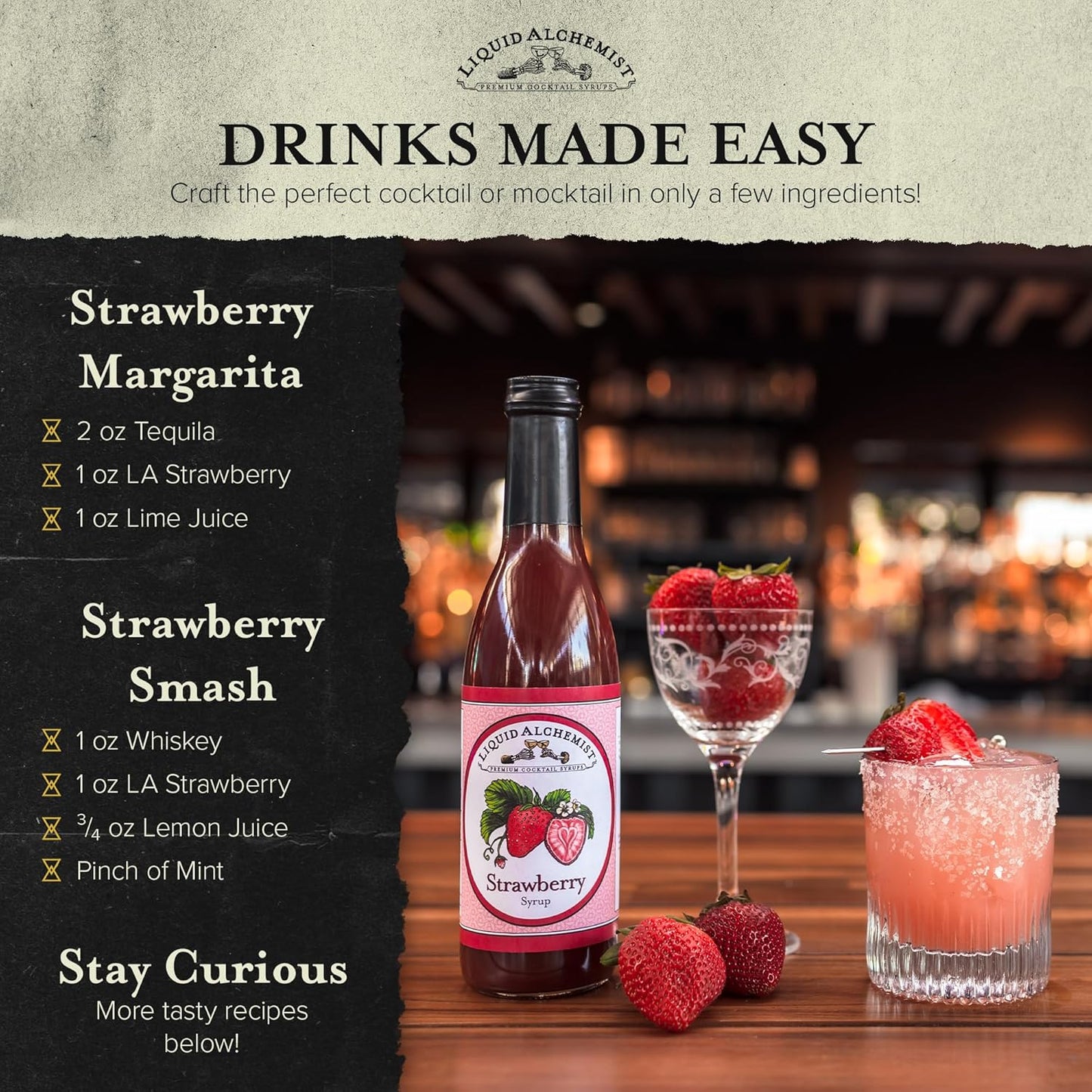 Liquid Alchemist Strawberry Syrup for Drinks - Real Ingredients Make our Strawberry Puree for Drinks a Perfect Margarita Mix - Our Flavored Syrup is Gluten & Dairy Free (12 oz)