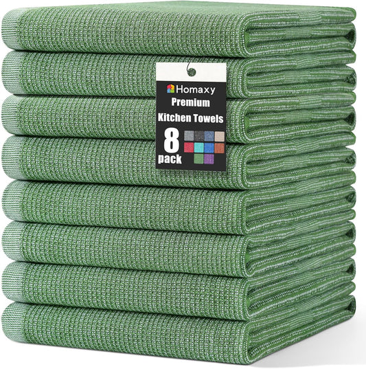 Homaxy Premium Kitchen Towels(18”x 28”, 8 Pack), Large Cotton Kitchen Hand Towels, Flat and Terry Dish Towels, 380 GSM Highly Absorbent Tea Towel Set with Hanging Loop, Grass Green