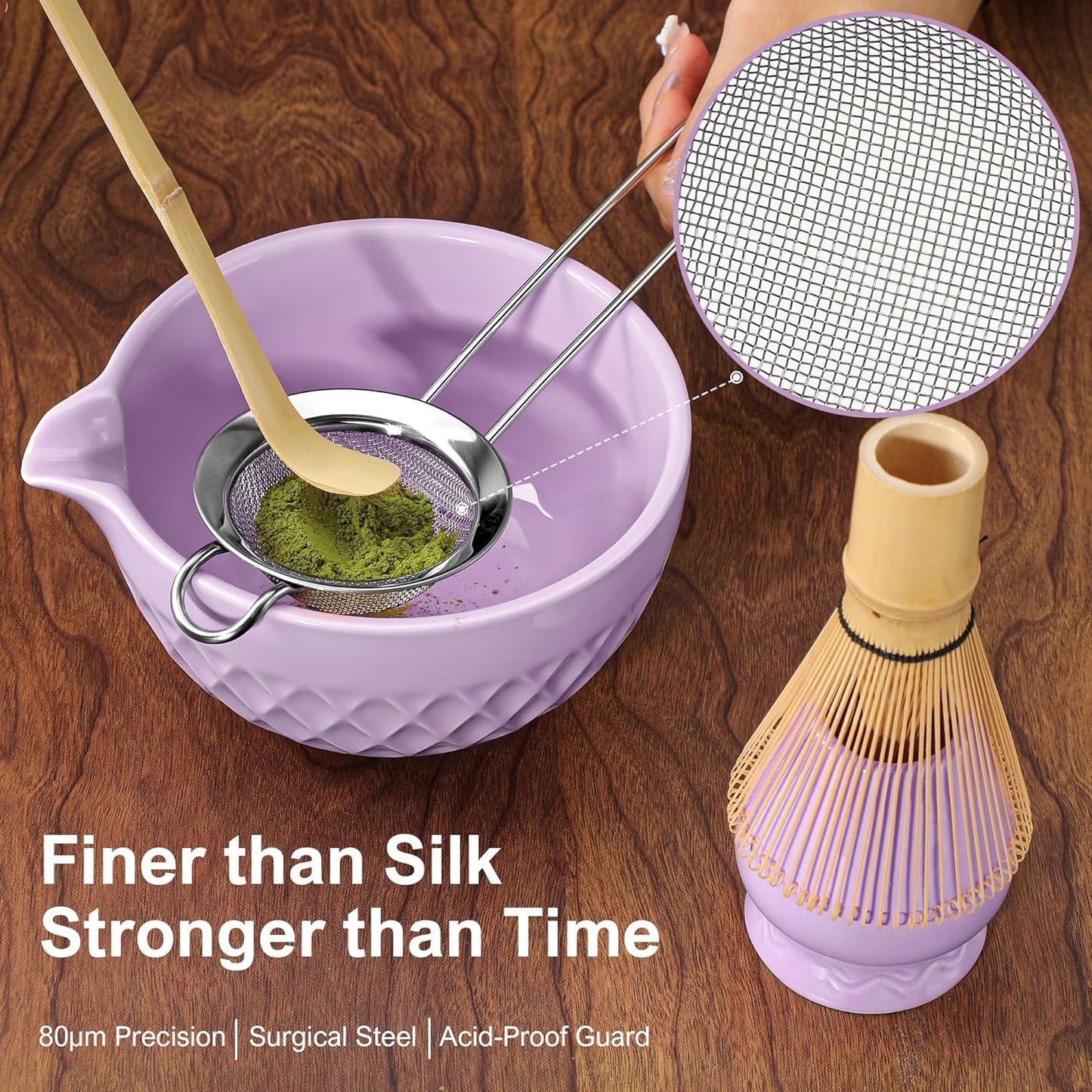 Matcha Whisk Set, 7 Pcs Matcha Kit, Ceramic Matcha Set Includes Matcha Bowl with Spout, Matcha Whisk and Holder, Bamboo Scoop, Scoop Rest, Sifter and Tea Towel (Royal Purple)