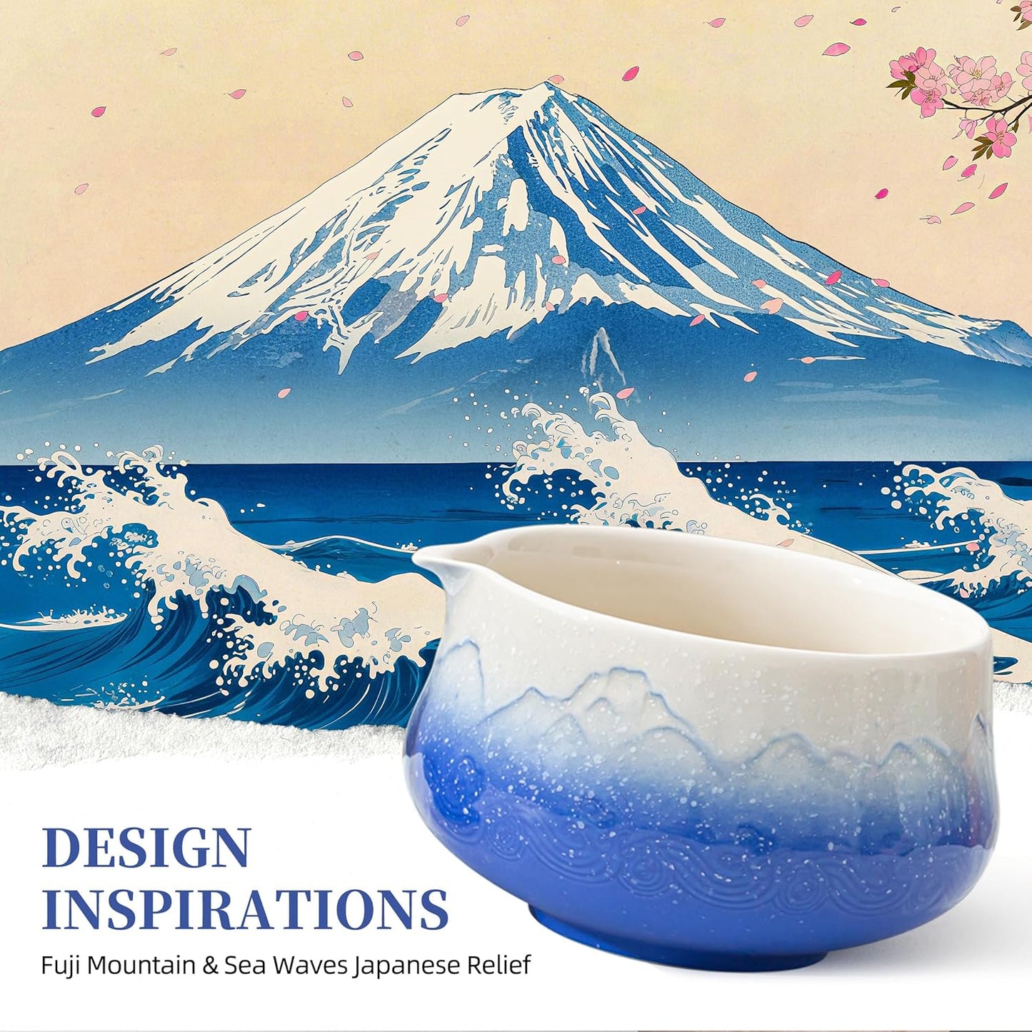 TEANAGOO 7 Pcs Matcha Whisk Set,Blue Matcha Set, Ceremony Matcha Powder Kit,Matcha Tea Set for Making Latte,Matcha Whisk Set and Bowl with Scoop&Sifter,Fuji Design Ceramic Bowl,Gift for Matcha Lovers