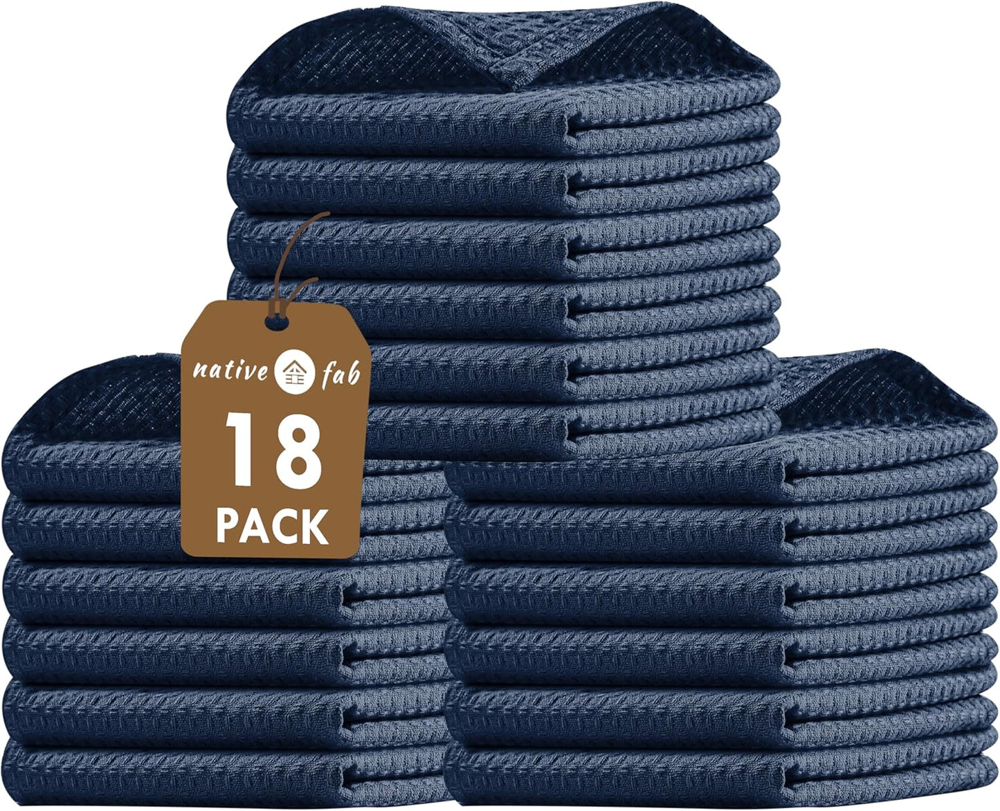 Native Fab Waffle 18 Pack Dish Cloths Set - 100% Cotton, 12"x12", Absorbent, Quick Dry, Washable Towels for Cleaning, Cooking & Drying Dishes - Great for Home, Restaurants, Cafes, Bars - Navy Blue