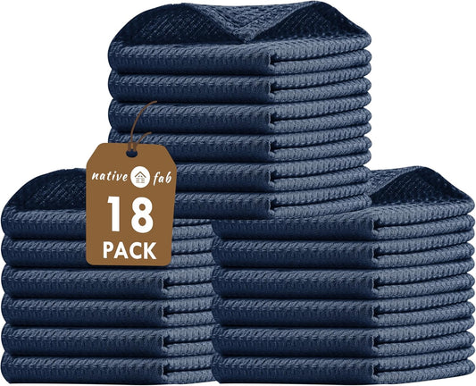 Native Fab Waffle 18 Pack Dish Cloths Set - 100% Cotton, 12"x12", Absorbent, Quick Dry, Washable Towels for Cleaning, Cooking & Drying Dishes - Great for Home, Restaurants, Cafes, Bars - Navy Blue