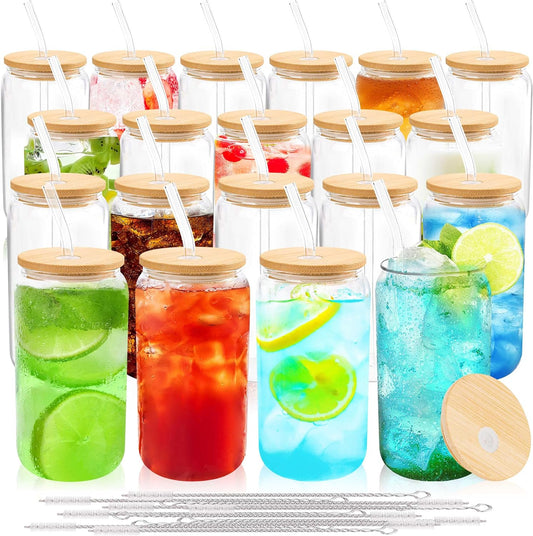 Joyclub Glass Cups with Bamboo Lids and Straws 20 Set 16 oz Reusable Iced Coffee Cup Beer Can Drinking Jars for Smoothie Whiskey Boba Soda Tea Gift