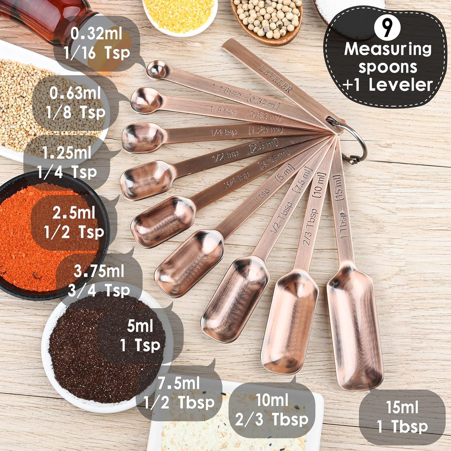 Copper Measuring Spoons Set, Stainless Steel Measuring Spoons Set 10, Metric&US Long Handle Measure Spoons for Kitchen&Baking, Metal Measure Tools with 1/16Tsp&2/3Tbsp for Spice Jar