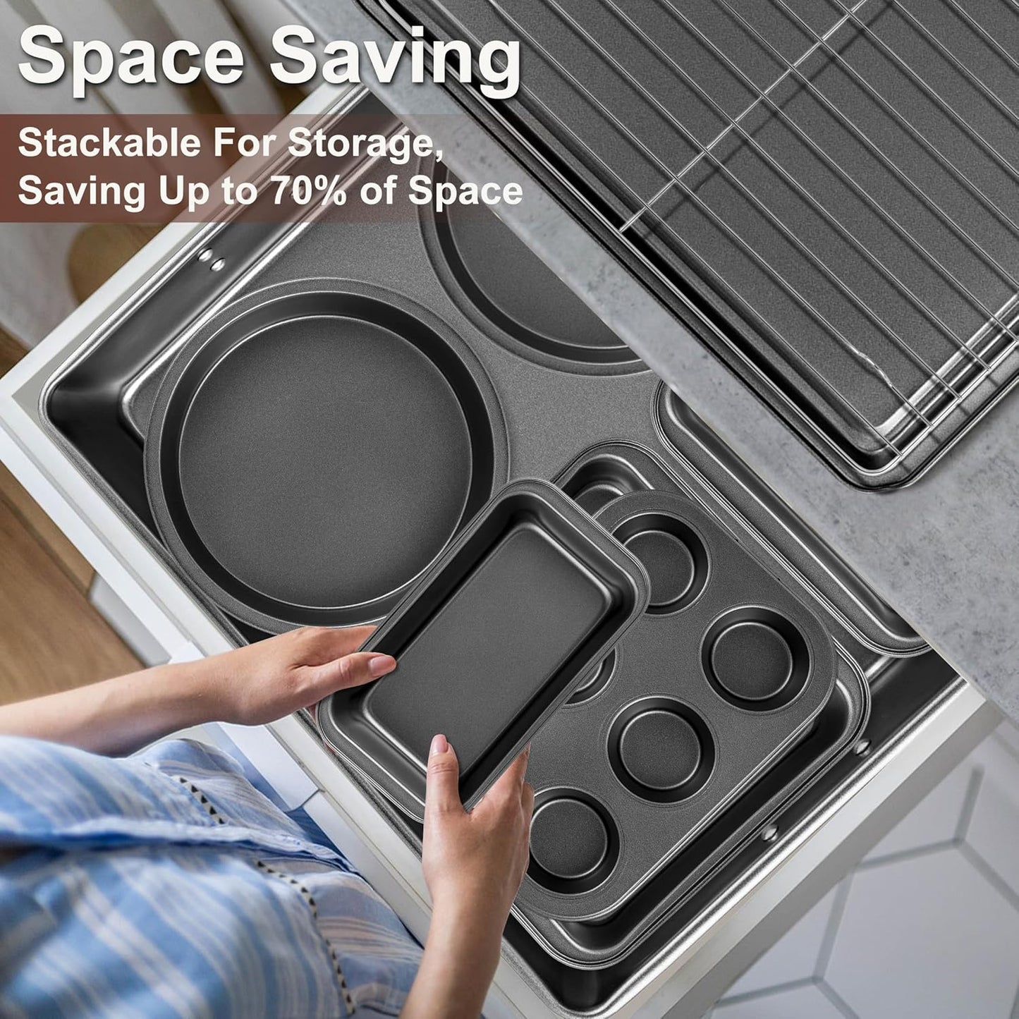 12PCS Nonstick Baking Pans Set - Stackable Bakeware Sets with Wider Grip, Carbon Steel Baking Set Including Cookie Sheets for Baking, Muffin Pan, Loaf Pan, Cake pan, Roasting Pan, Oven Mitts